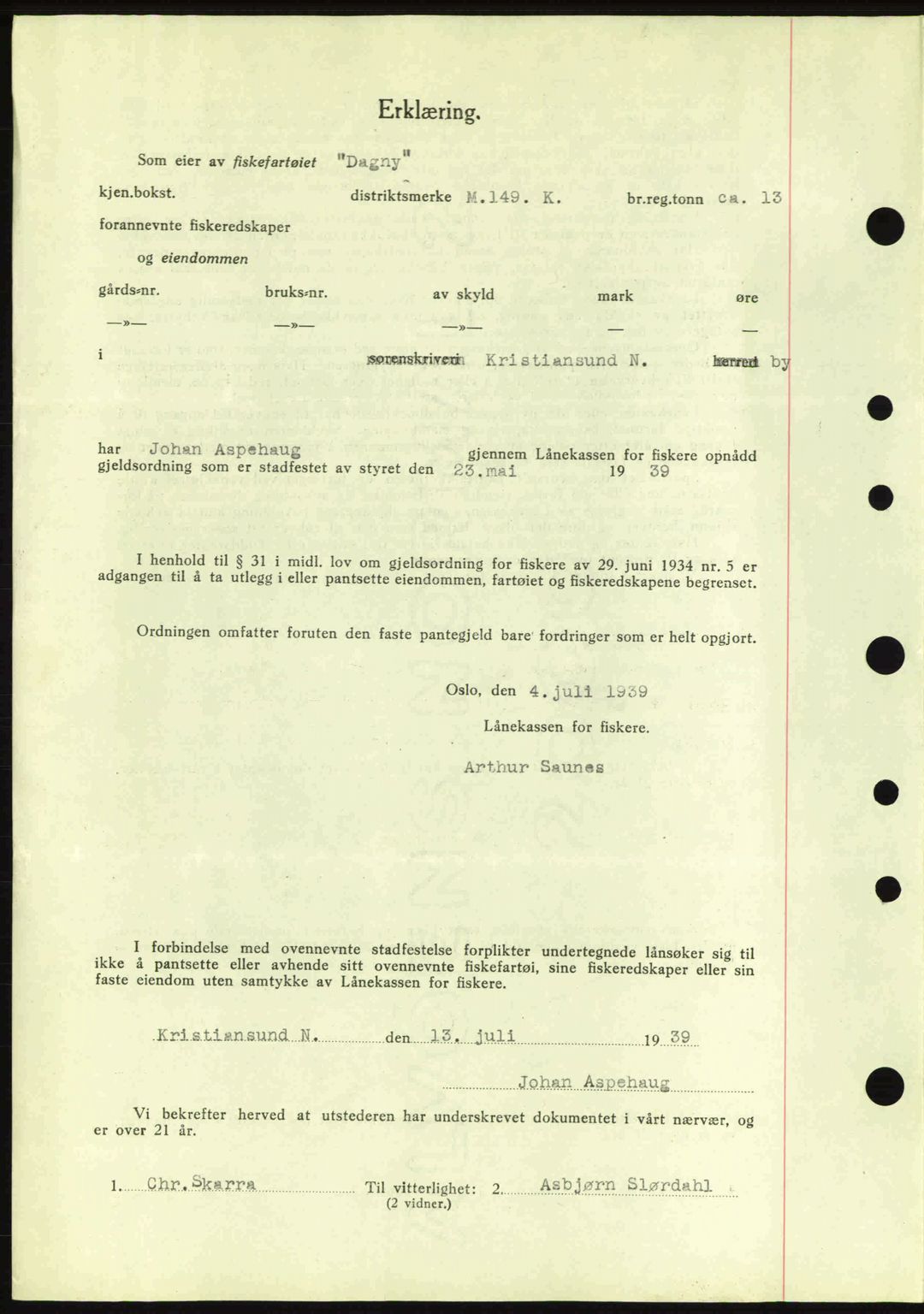 Kristiansund byfogd, SAT/A-4587/A/27: Mortgage book no. 31, 1938-1939, Diary no: : 579/1939