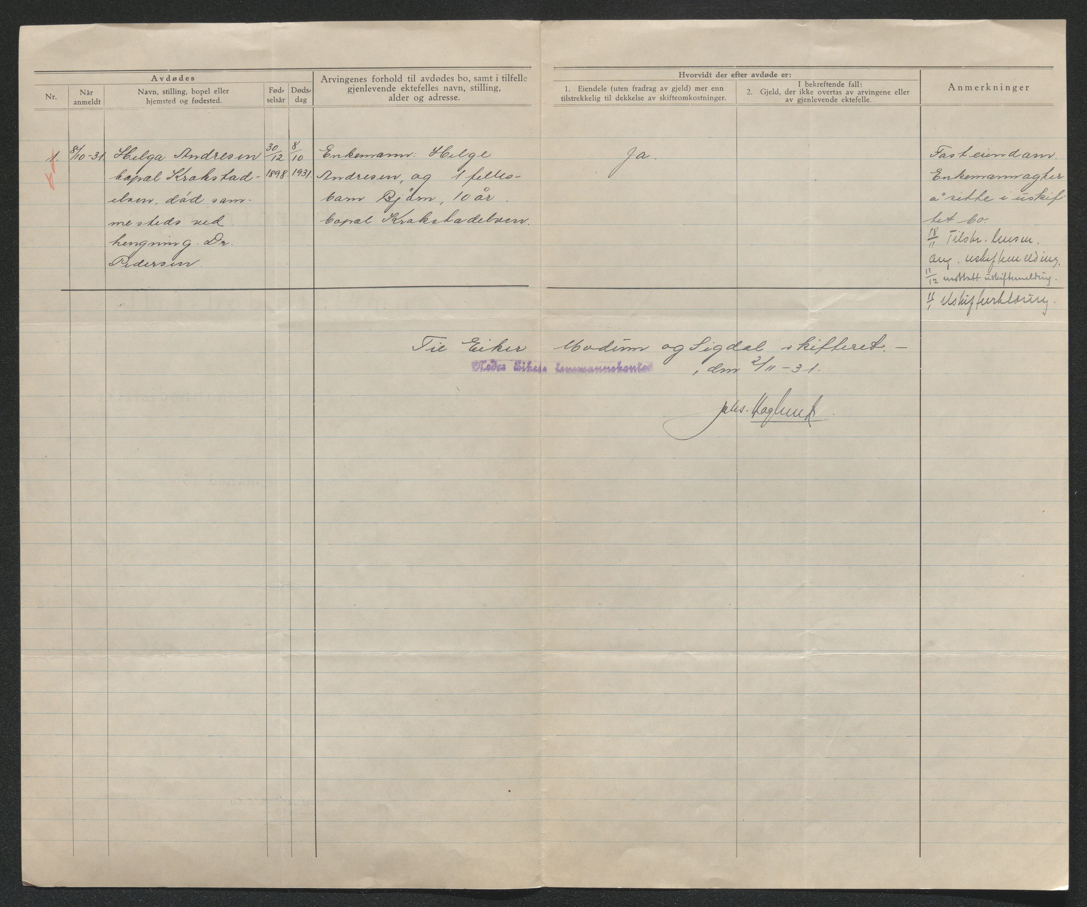 Eiker, Modum og Sigdal sorenskriveri, SAKO/A-123/H/Ha/Hab/L0046: Dødsfallsmeldinger, 1930-1931, p. 1140