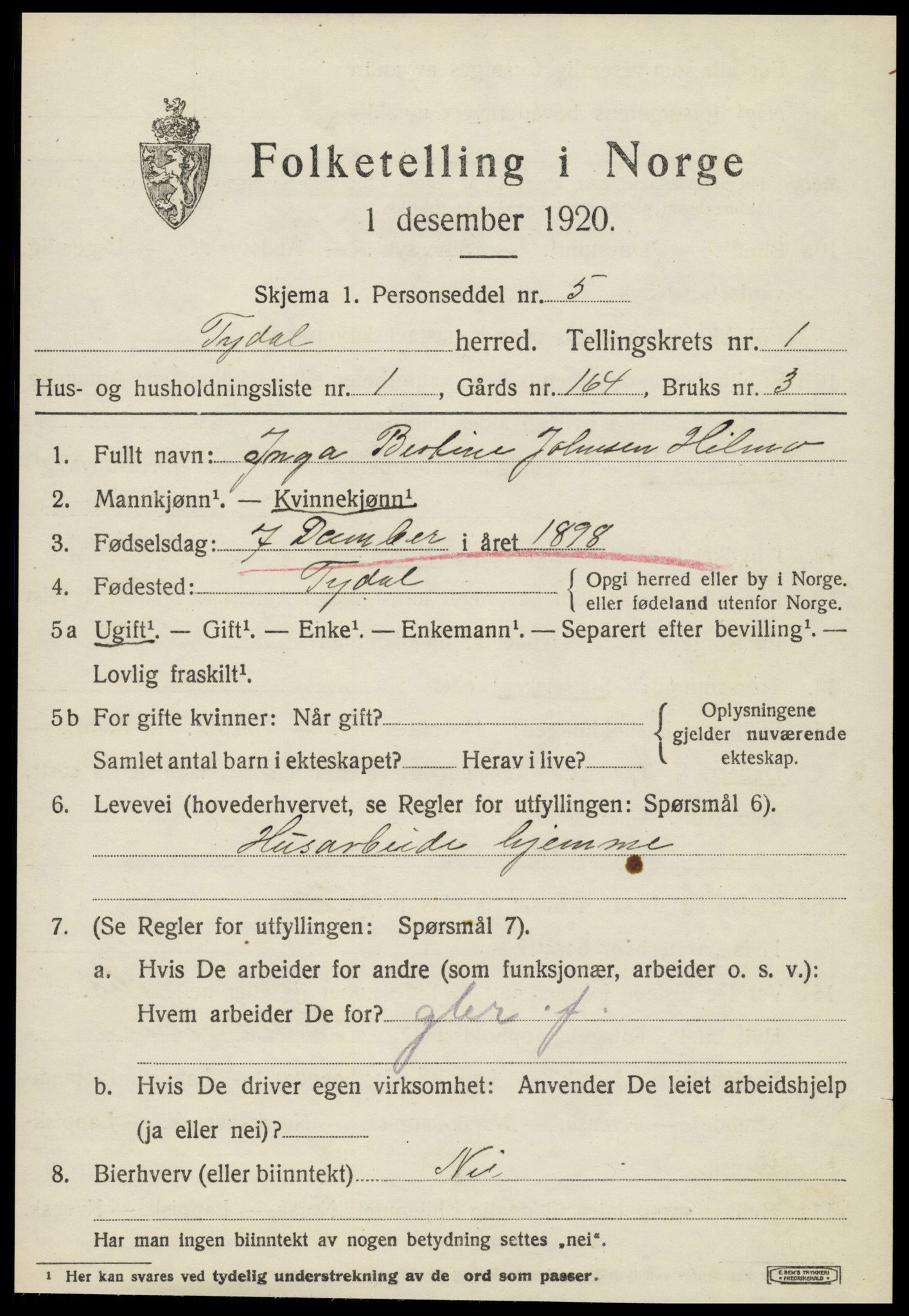 SAT, 1920 census for Tydal, 1920, p. 317