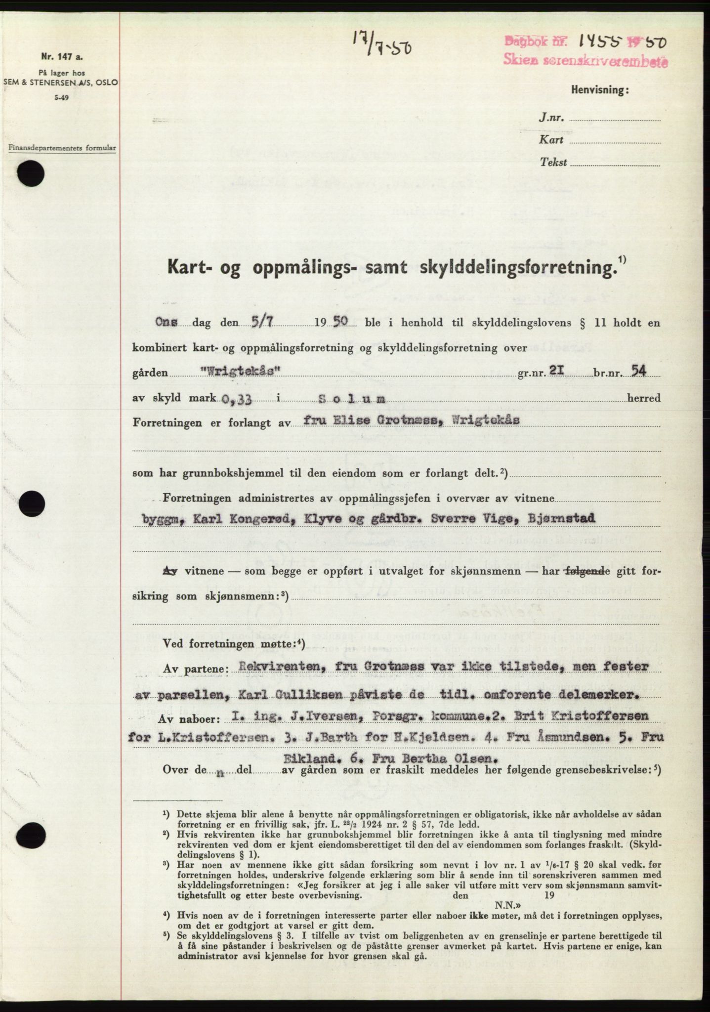 Skien sorenskriveri, SAKO/A-225/G/Ga/Gad/L0003: Mortgage book no. A17-A18, 1950-1950, Diary no: : 1455/1950