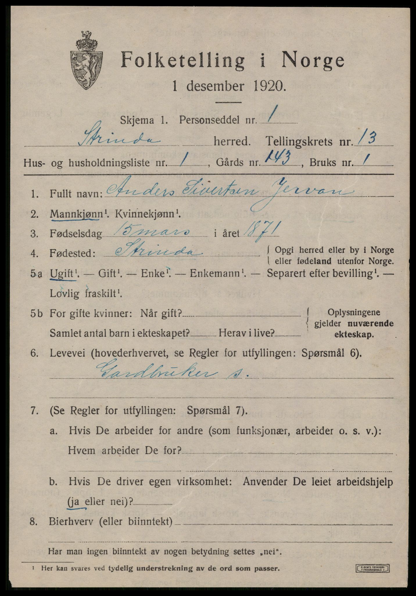 SAT, 1920 census for Strinda, 1920, p. 26494