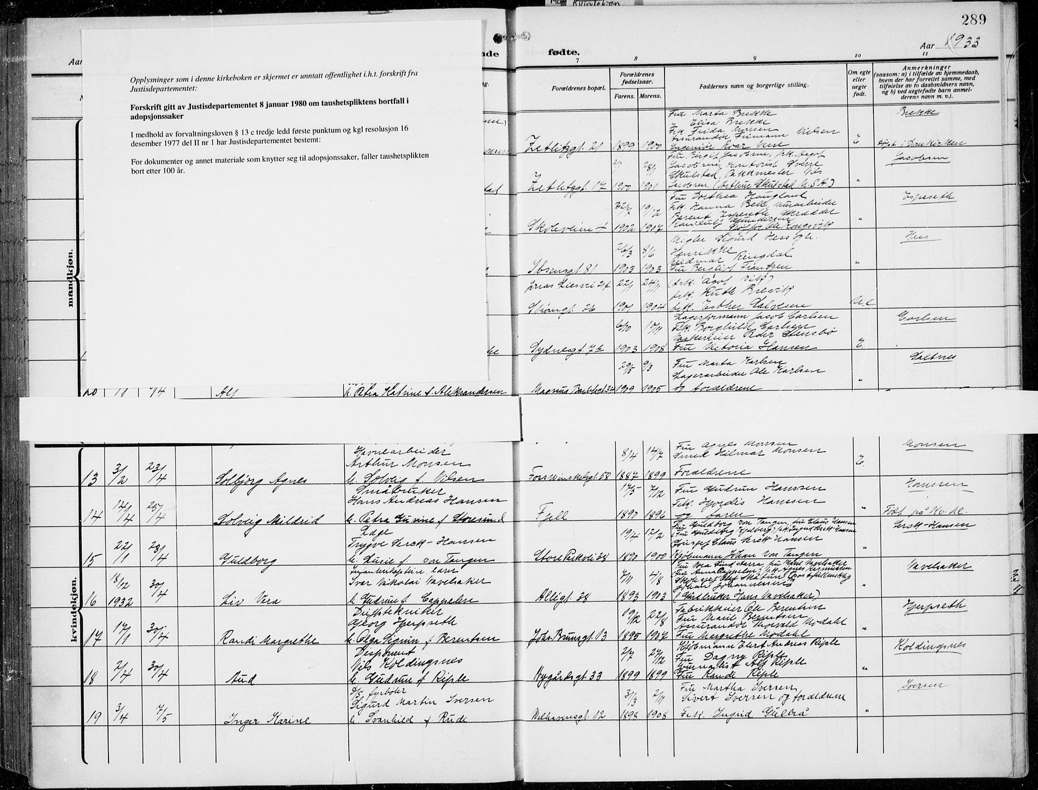 Johanneskirken sokneprestembete, AV/SAB-A-76001/H/Hab: Parish register (copy) no. A 3, 1913-1934, p. 289