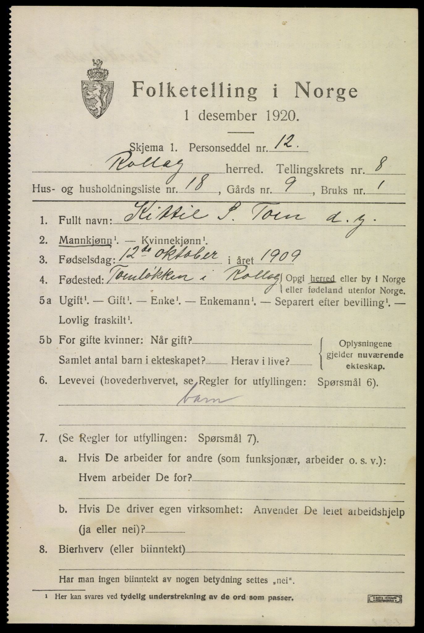 SAKO, 1920 census for Rollag, 1920, p. 3138