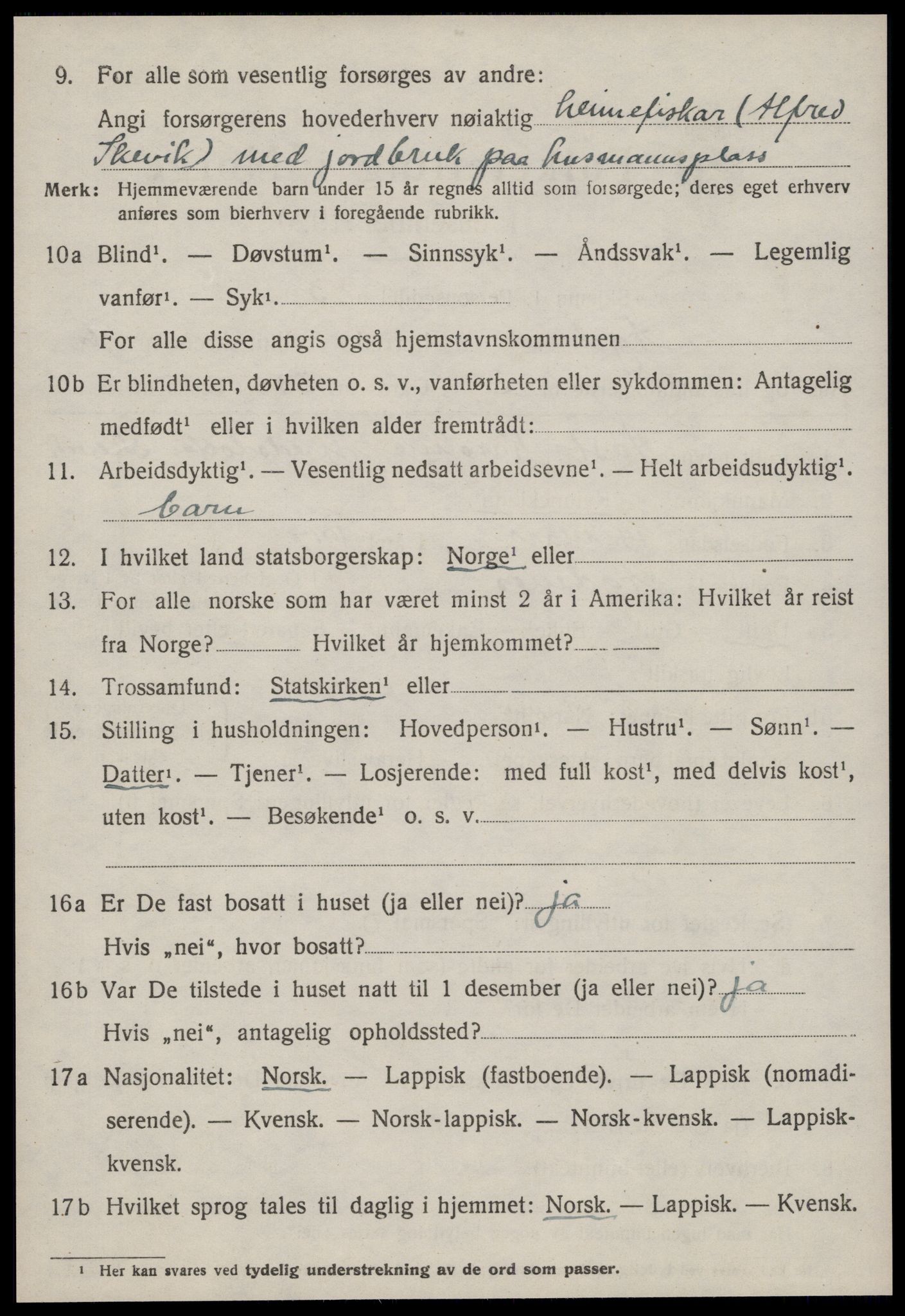 SAT, 1920 census for Agdenes, 1920, p. 2492