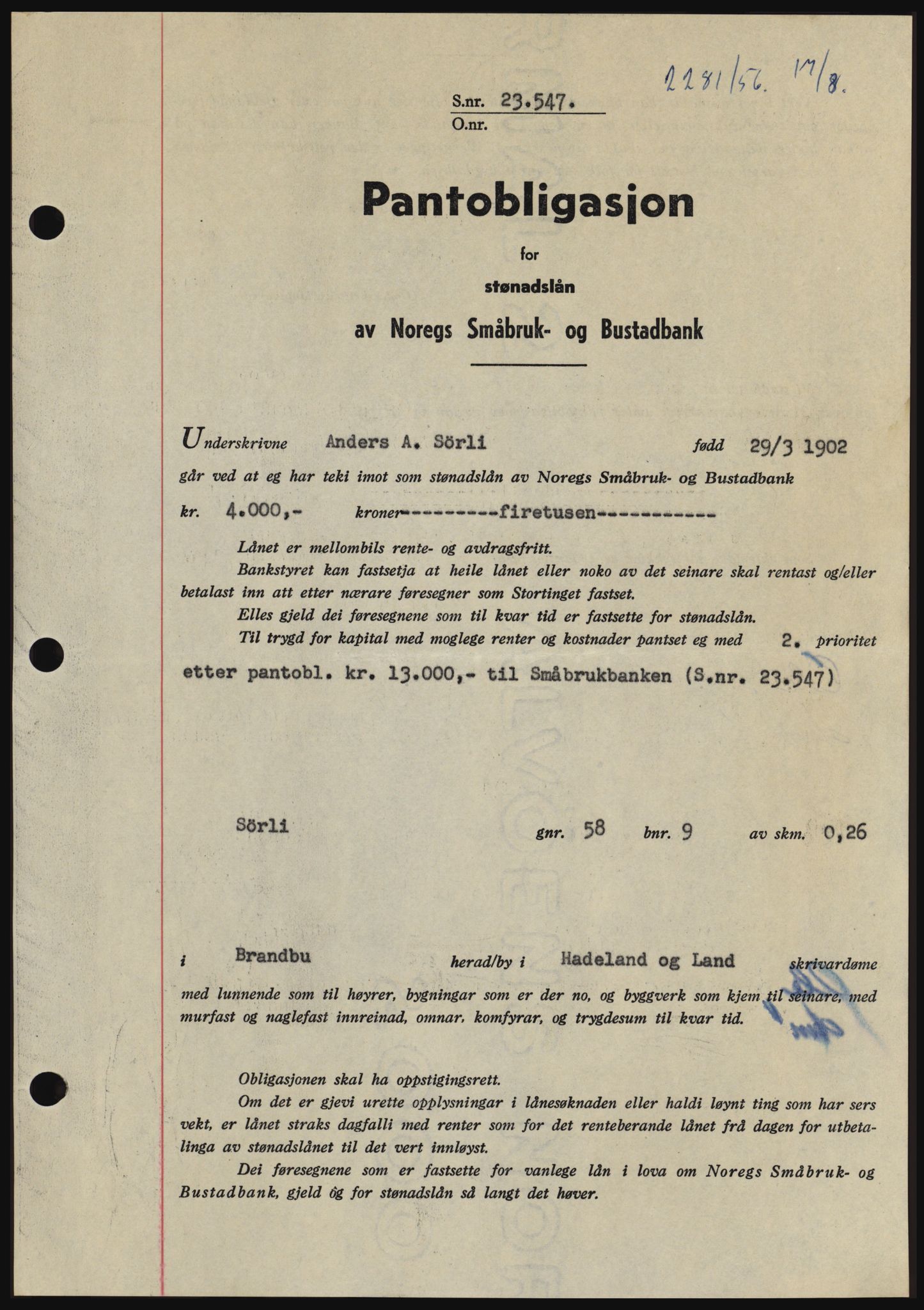 Hadeland og Land tingrett, SAH/TING-010/H/Hb/Hbc/L0034: Mortgage book no. B34, 1956-1956, Diary no: : 2281/1956