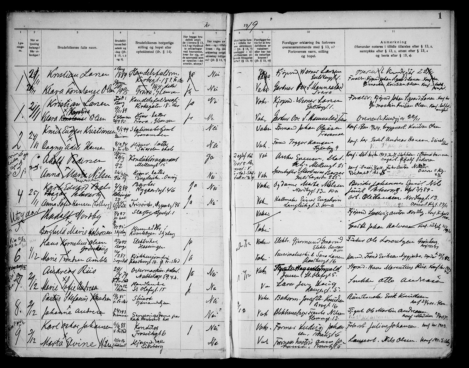 Fredrikstad domkirkes prestekontor Kirkebøker, SAO/A-10906/H/Ha/L0003: Banns register no. 3, 1919-1932, p. 1