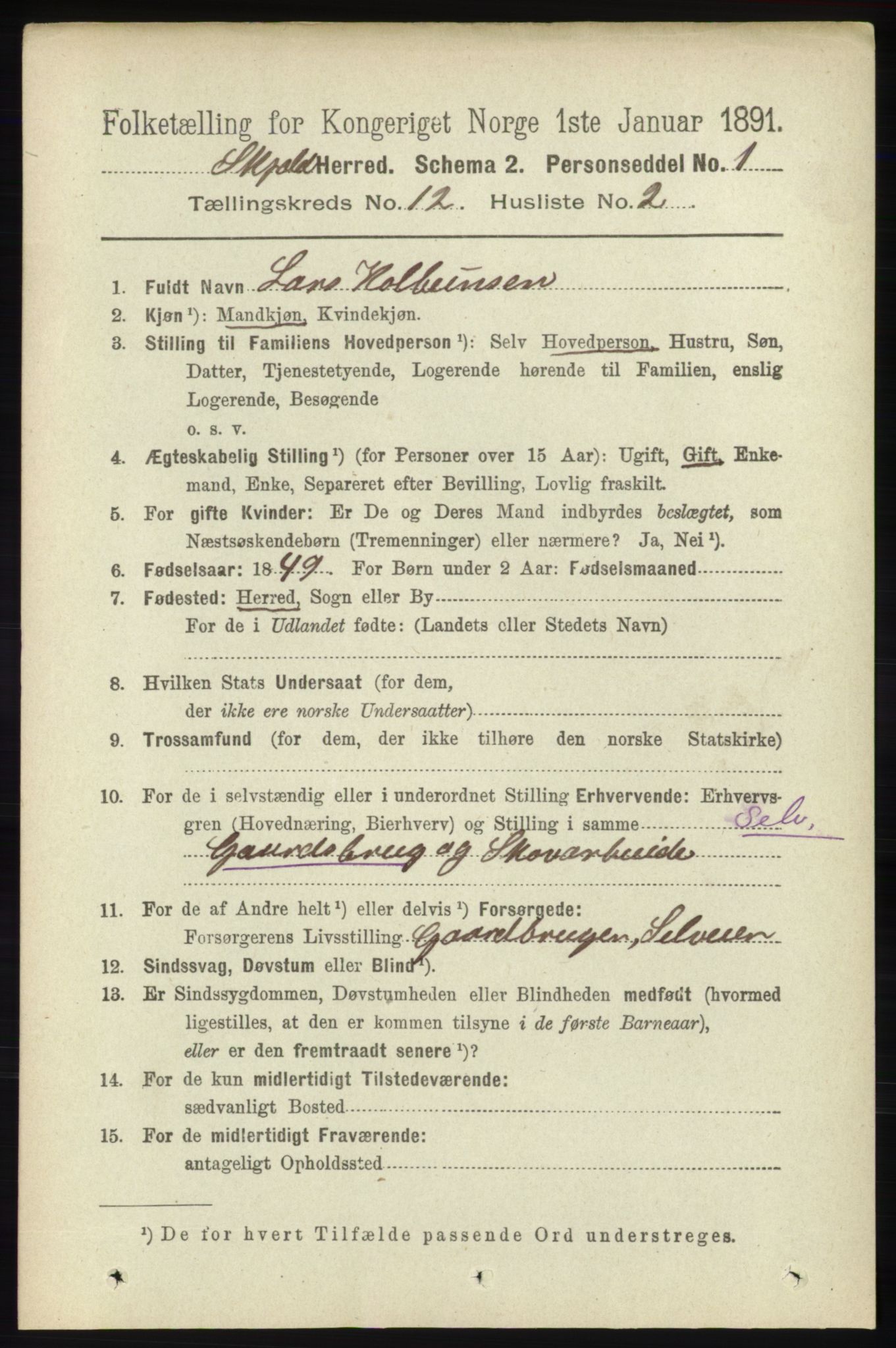 RA, 1891 census for 1154 Skjold, 1891, p. 2257