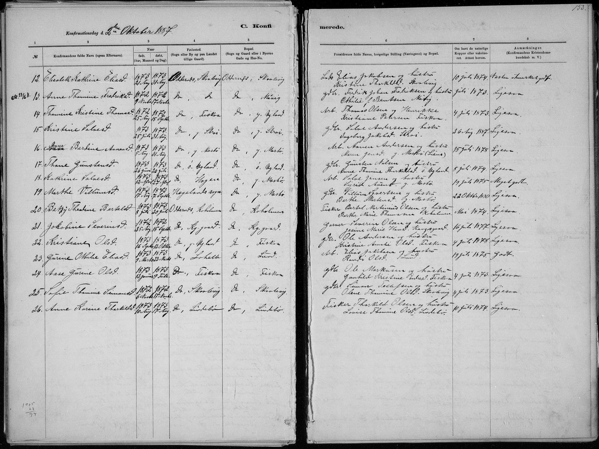 Oddernes sokneprestkontor, SAK/1111-0033/F/Fa/Faa/L0009: Parish register (official) no. A 9, 1884-1896, p. 153