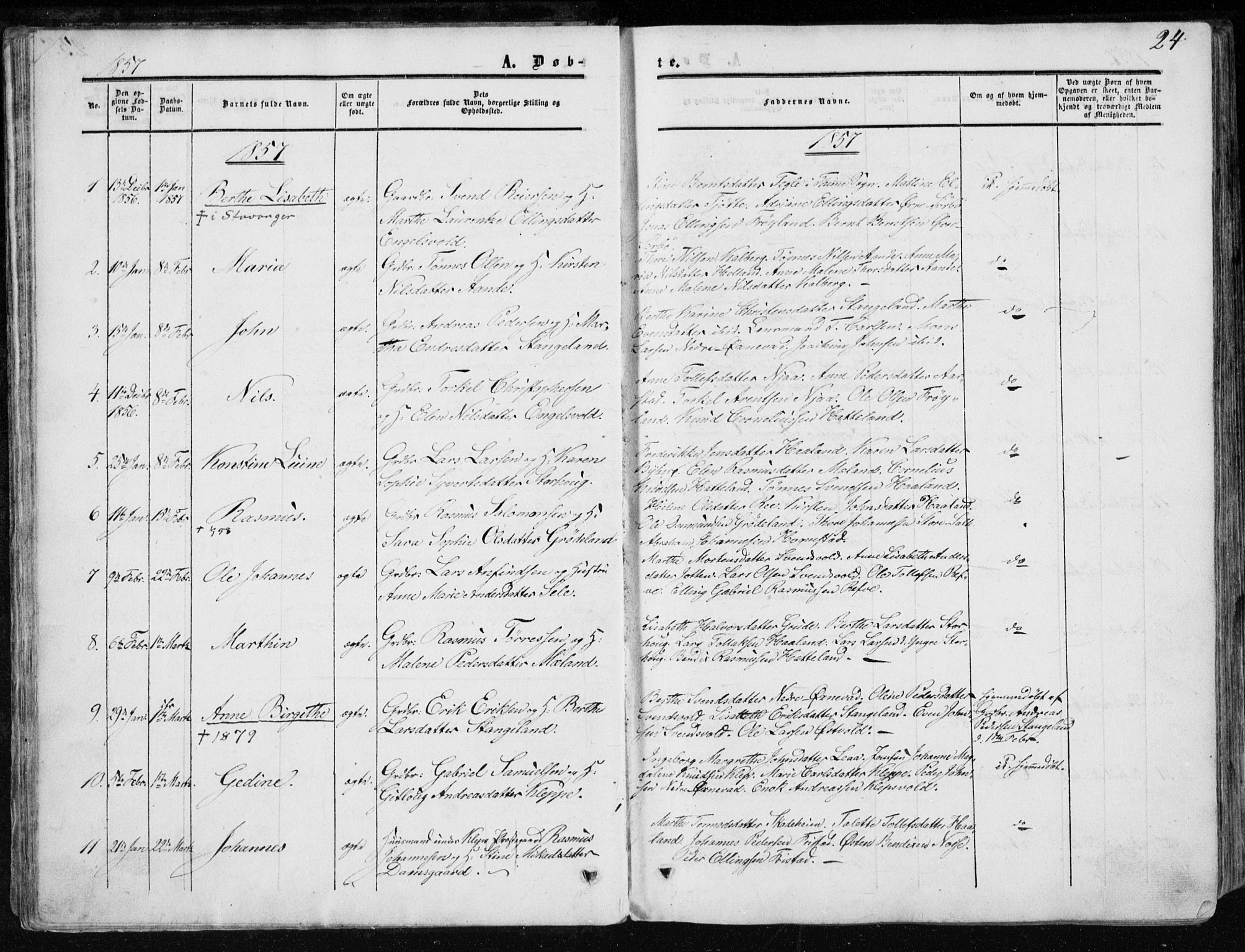 Klepp sokneprestkontor, SAST/A-101803/001/3/30BA/L0005: Parish register (official) no. A 5, 1853-1870, p. 24