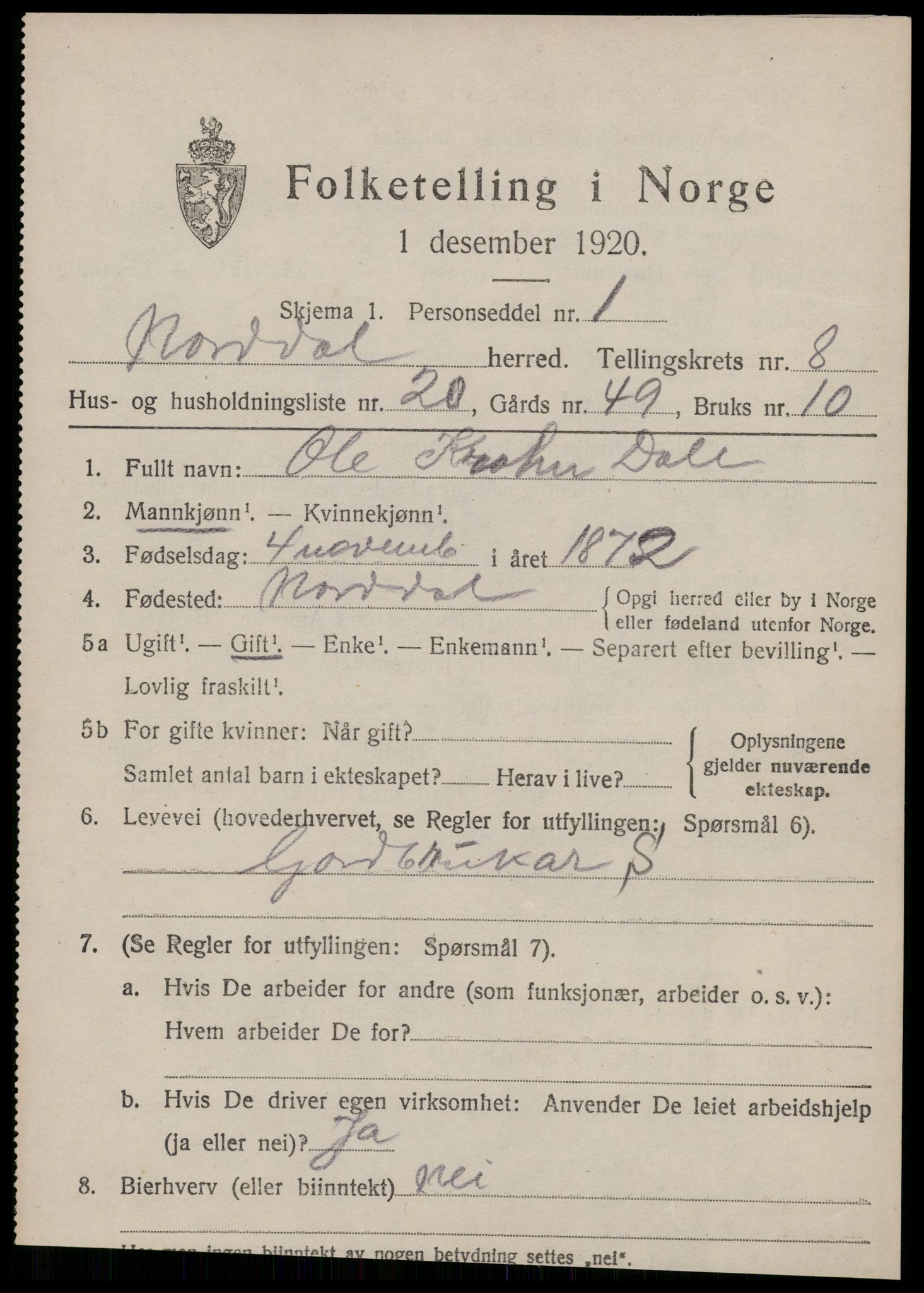 SAT, 1920 census for Norddal, 1920, p. 4233