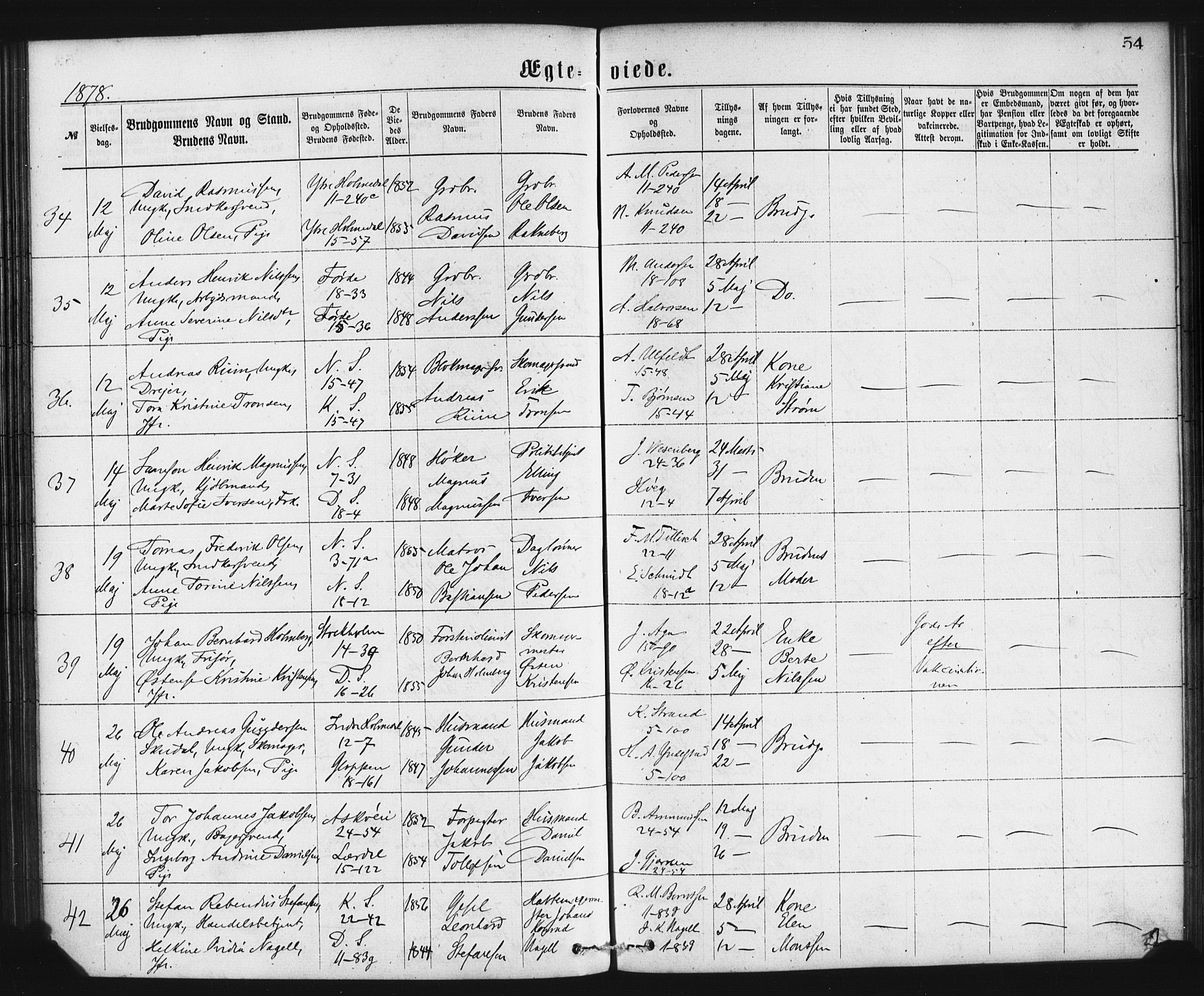 Domkirken sokneprestembete, SAB/A-74801/H/Haa/L0036: Parish register (official) no. D 3, 1875-1880, p. 54