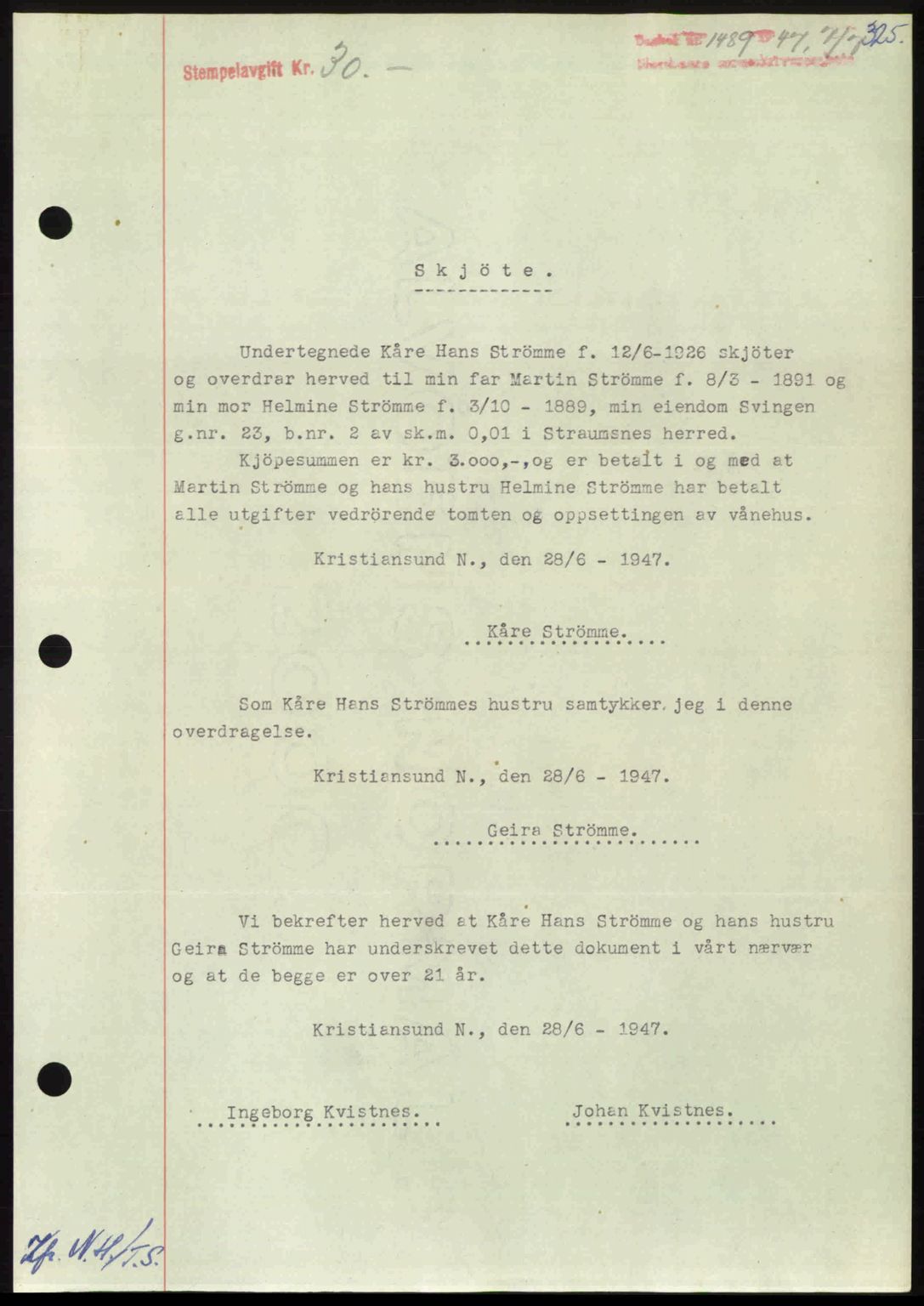 Nordmøre sorenskriveri, AV/SAT-A-4132/1/2/2Ca: Mortgage book no. A105, 1947-1947, Diary no: : 1489/1947