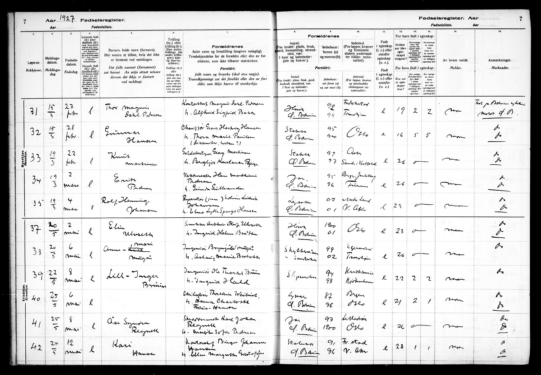 Vestre Bærum prestekontor Kirkebøker, AV/SAO-A-10209a/J/L0002: Birth register no. 2, 1927-1933, p. 7