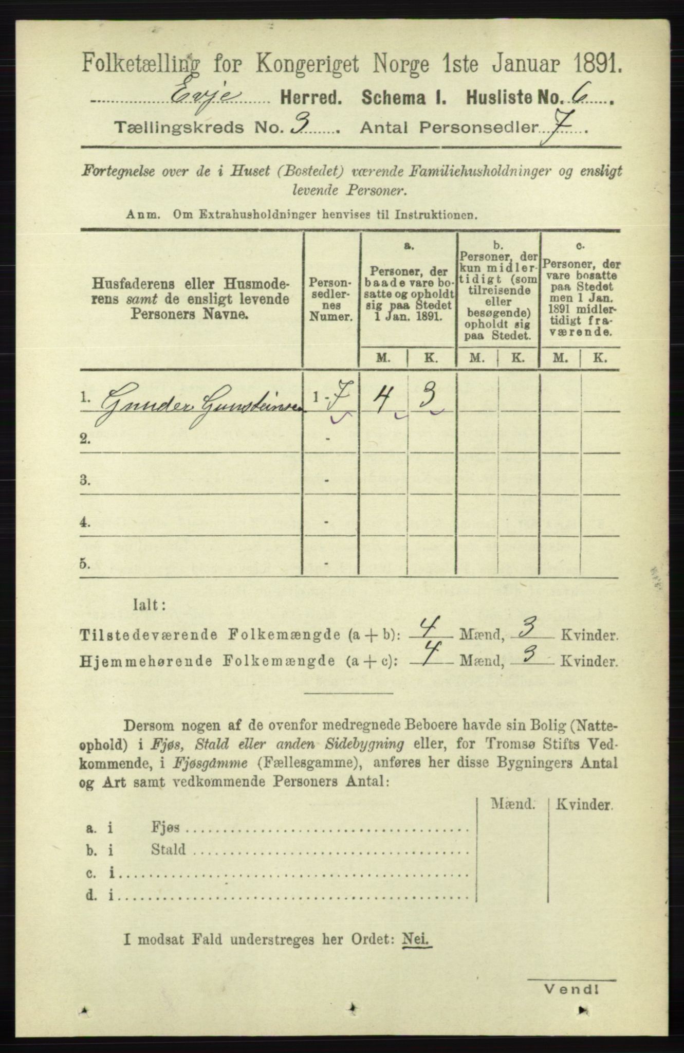 RA, 1891 census for 0937 Evje, 1891, p. 621