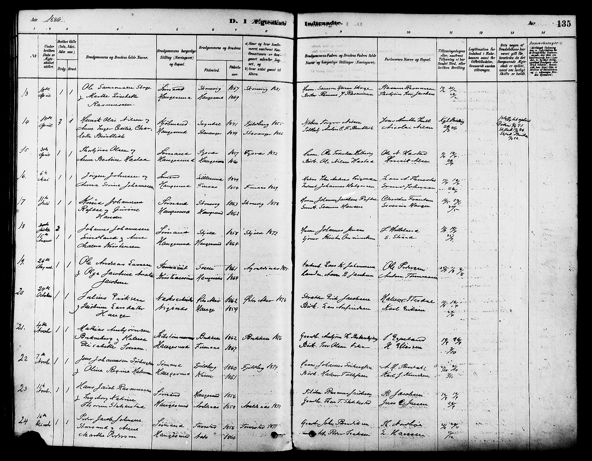 Haugesund sokneprestkontor, AV/SAST-A -101863/H/Ha/Haa/L0003: Parish register (official) no. A 3, 1885-1890, p. 135