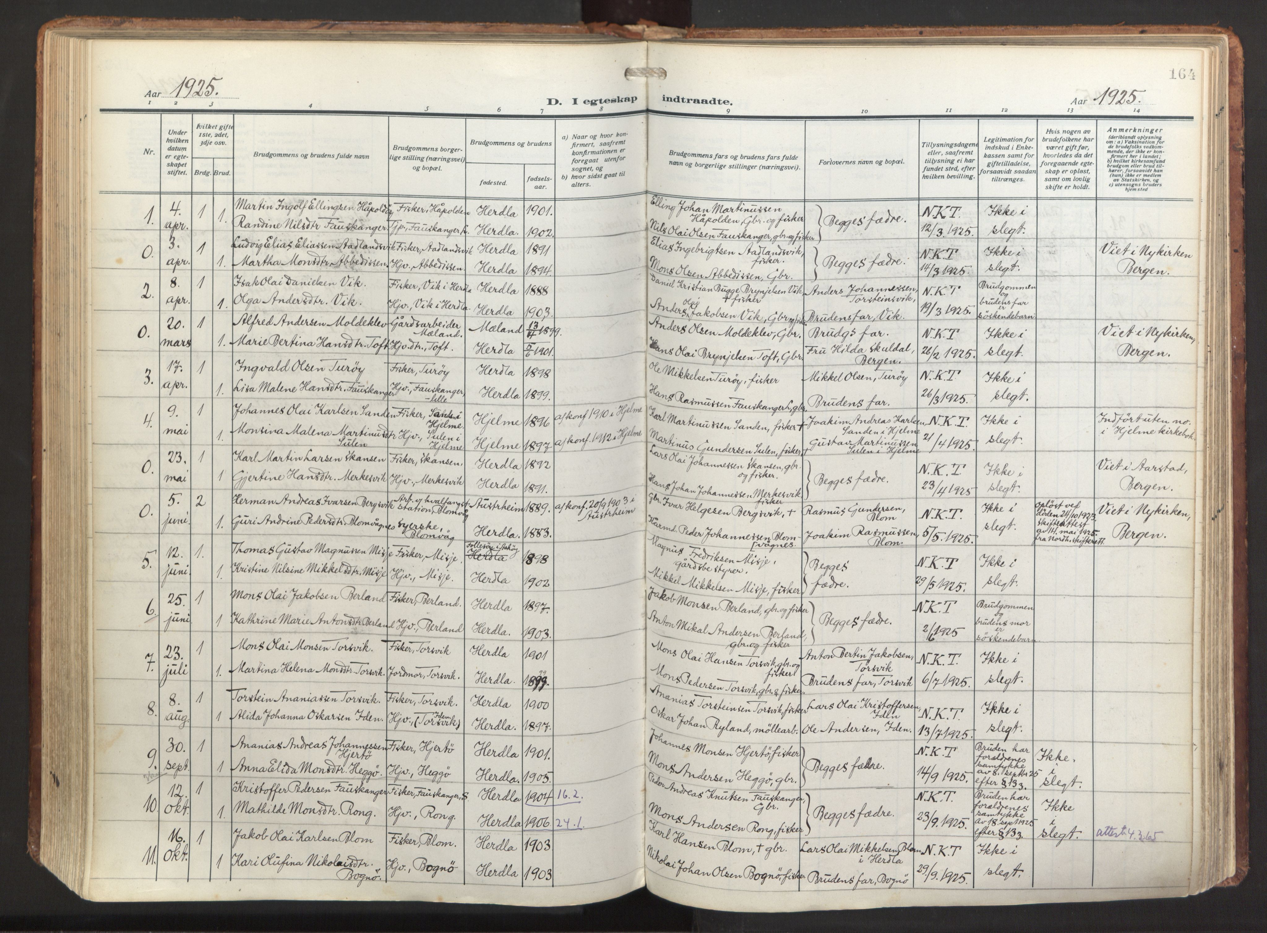 Herdla Sokneprestembete, SAB/A-75701/H/Haa: Parish register (official) no. A 6, 1918-1933, p. 164