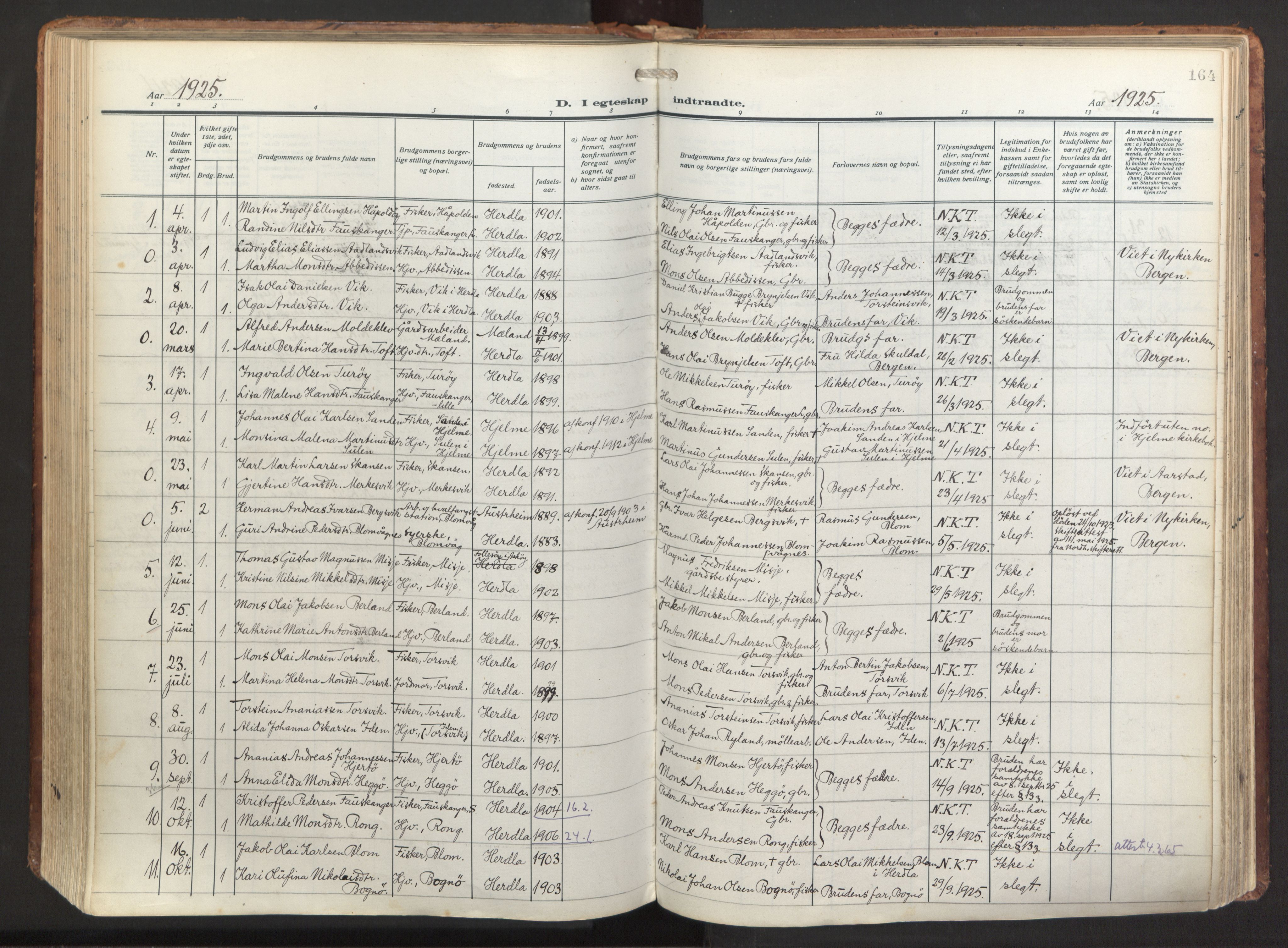 Herdla Sokneprestembete, AV/SAB-A-75701/H/Haa: Parish register (official) no. A 6, 1918-1933, p. 164