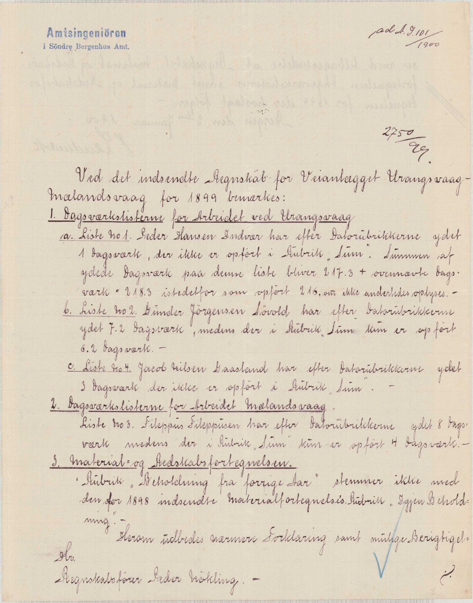 Finnaas kommune. Formannskapet, IKAH/1218a-021/E/Ea/L0002/0001: Rekneskap for veganlegg / Rekneskap for veganlegget Urangsvåg - Mælandsvåg, 1898-1900, p. 129
