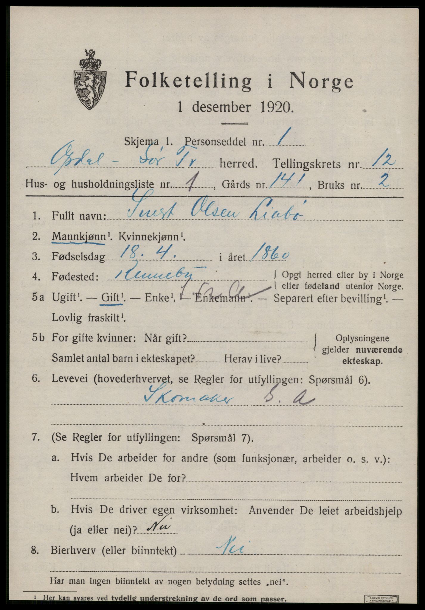 SAT, 1920 census for Oppdal, 1920, p. 10177