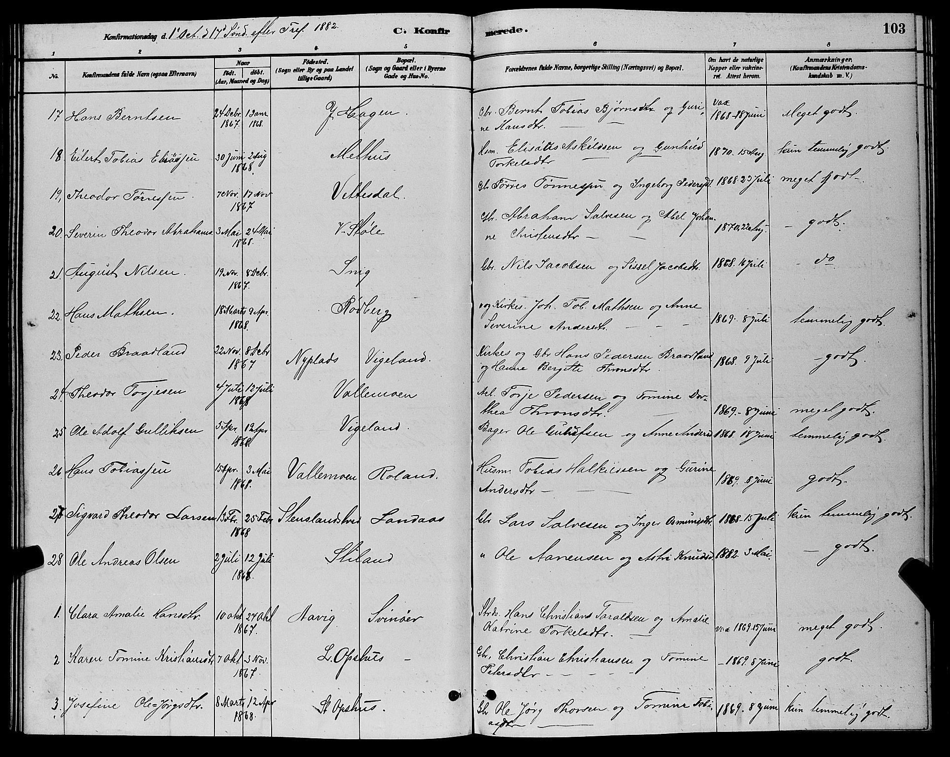 Sør-Audnedal sokneprestkontor, AV/SAK-1111-0039/F/Fb/Fbb/L0005: Parish register (copy) no. B 5, 1880-1892, p. 103