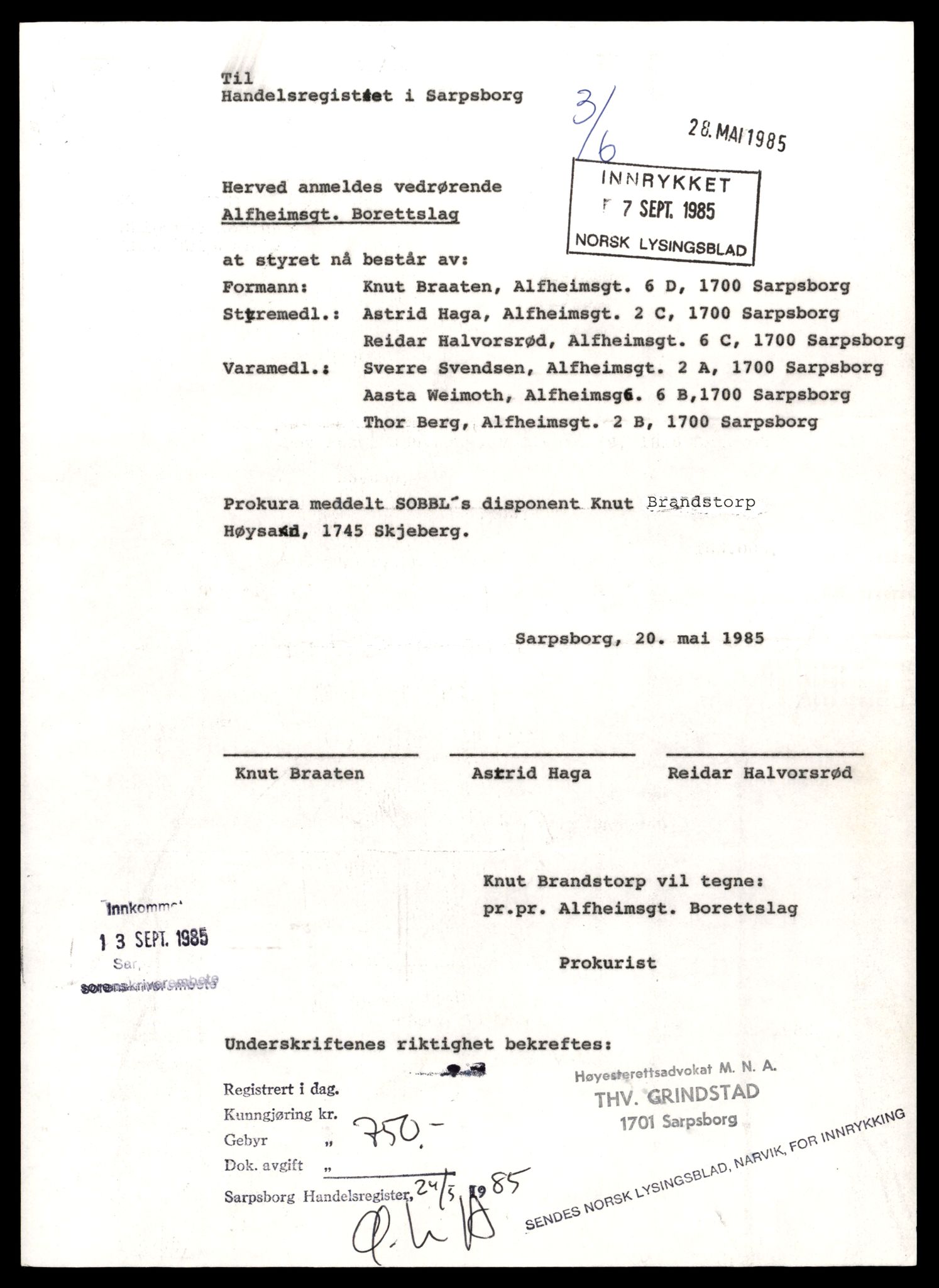 Sarpsborg tingrett, AV/SAT-A-10471a/K/Kb/Kbe/L0026: Andelslag, A - F, 1890-1989, p. 1