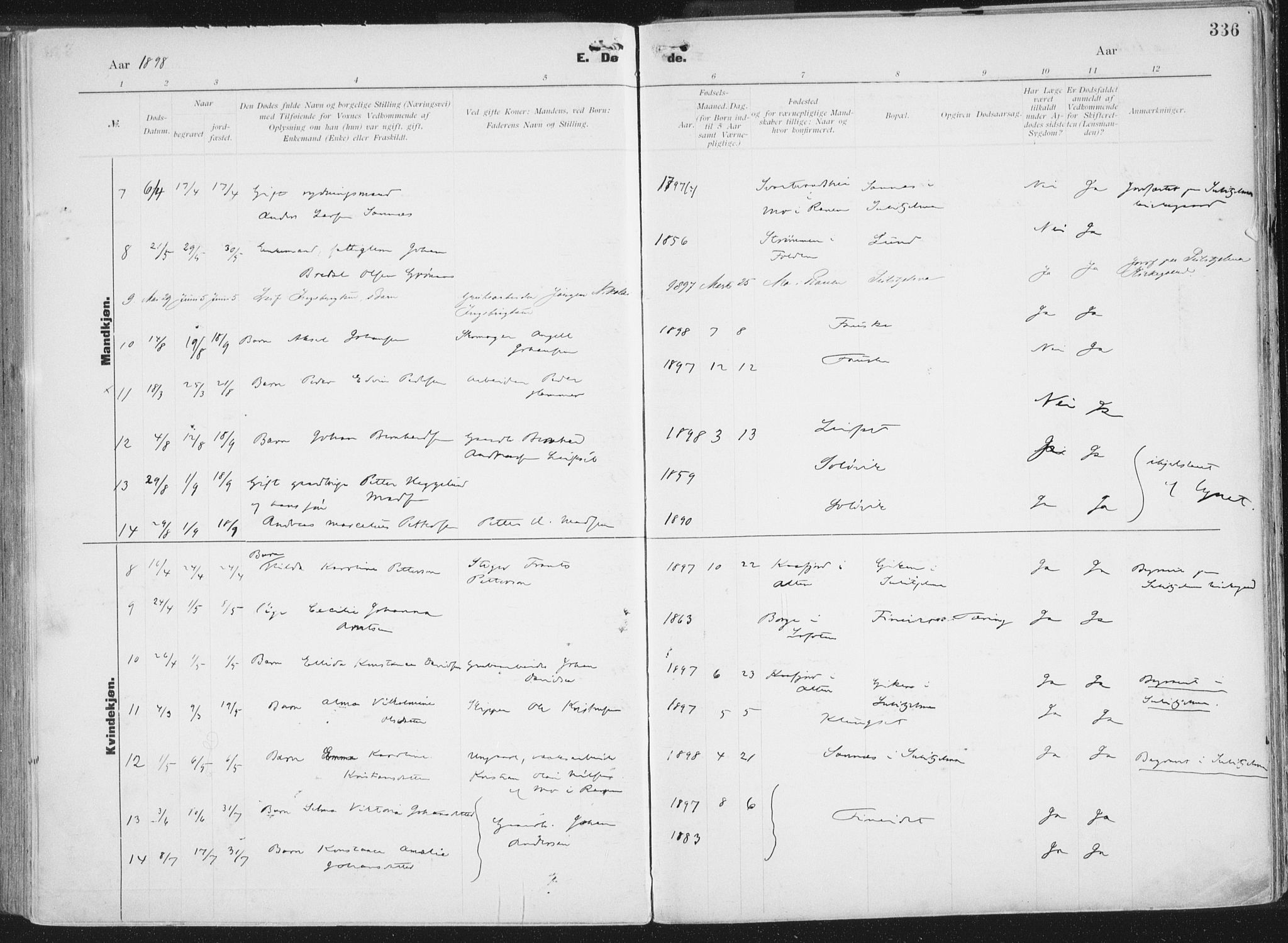 Ministerialprotokoller, klokkerbøker og fødselsregistre - Nordland, SAT/A-1459/849/L0696: Parish register (official) no. 849A08, 1898-1910, p. 336