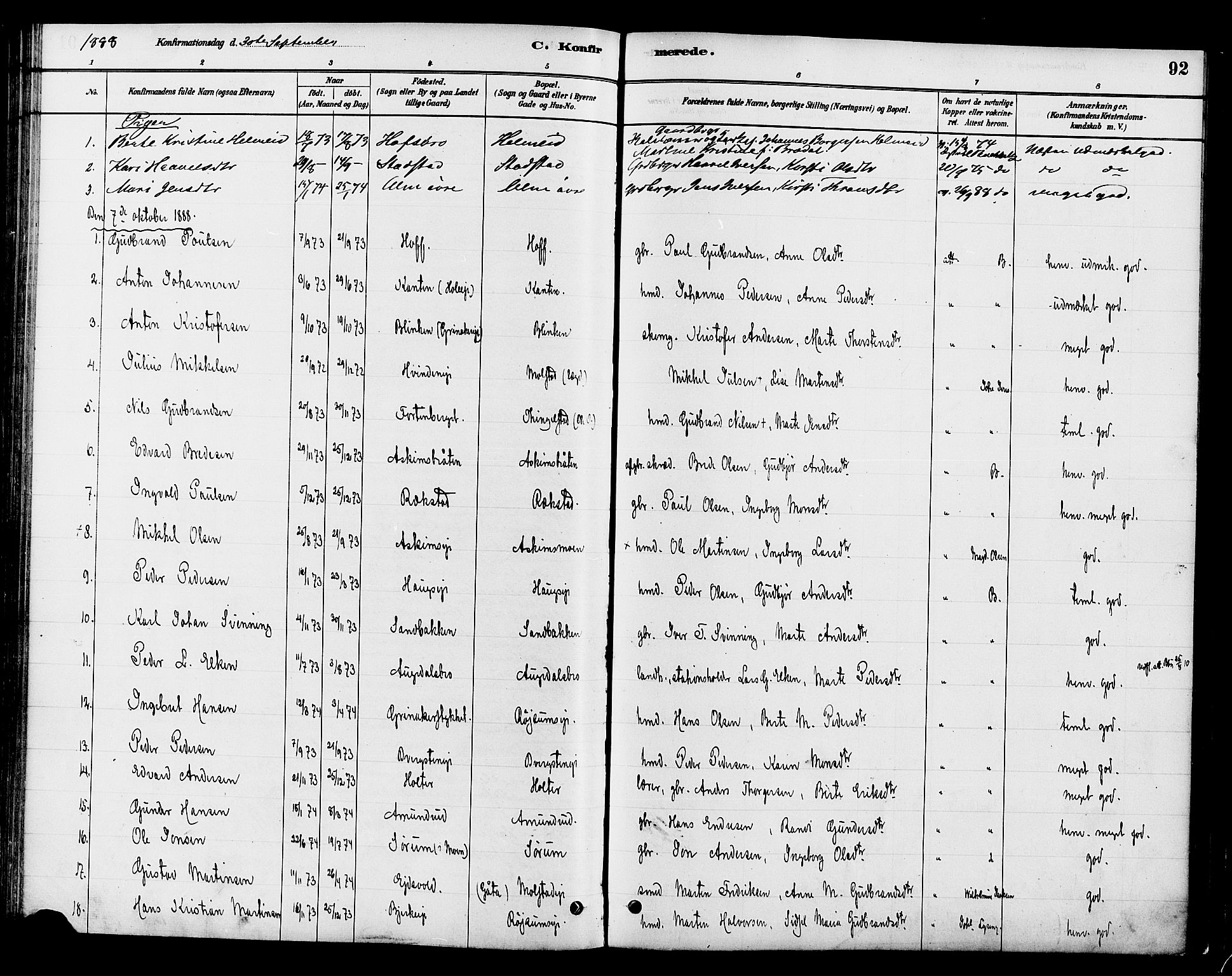 Gran prestekontor, SAH/PREST-112/H/Ha/Haa/L0016: Parish register (official) no. 16, 1880-1888, p. 92