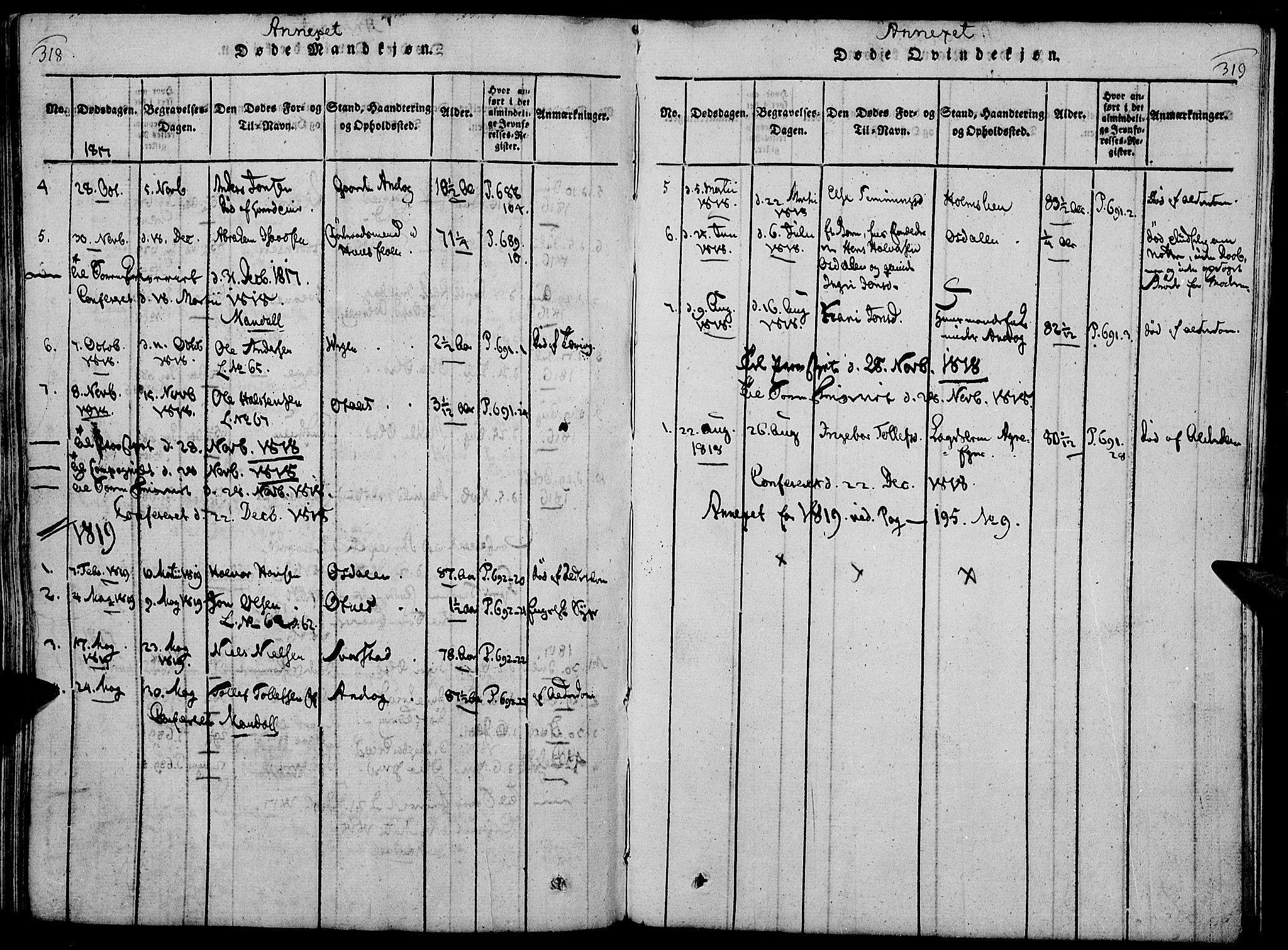 Rendalen prestekontor, AV/SAH-PREST-054/H/Ha/Haa/L0003: Parish register (official) no. 3, 1815-1829, p. 318-319