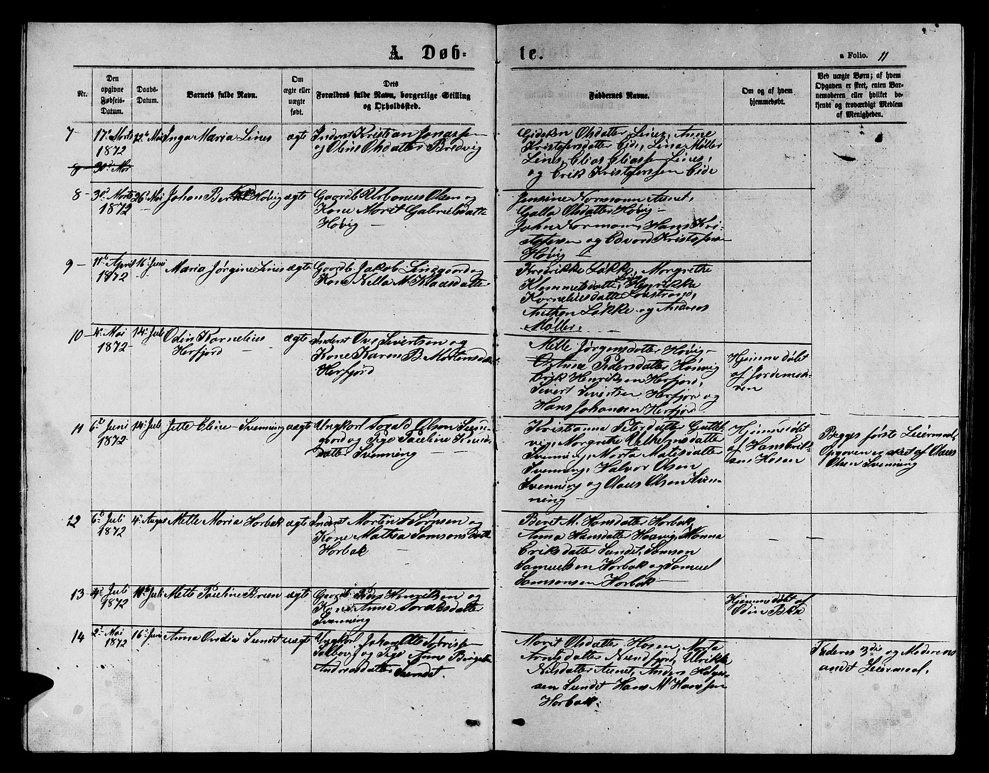 Ministerialprotokoller, klokkerbøker og fødselsregistre - Sør-Trøndelag, SAT/A-1456/656/L0695: Parish register (copy) no. 656C01, 1867-1889, p. 11