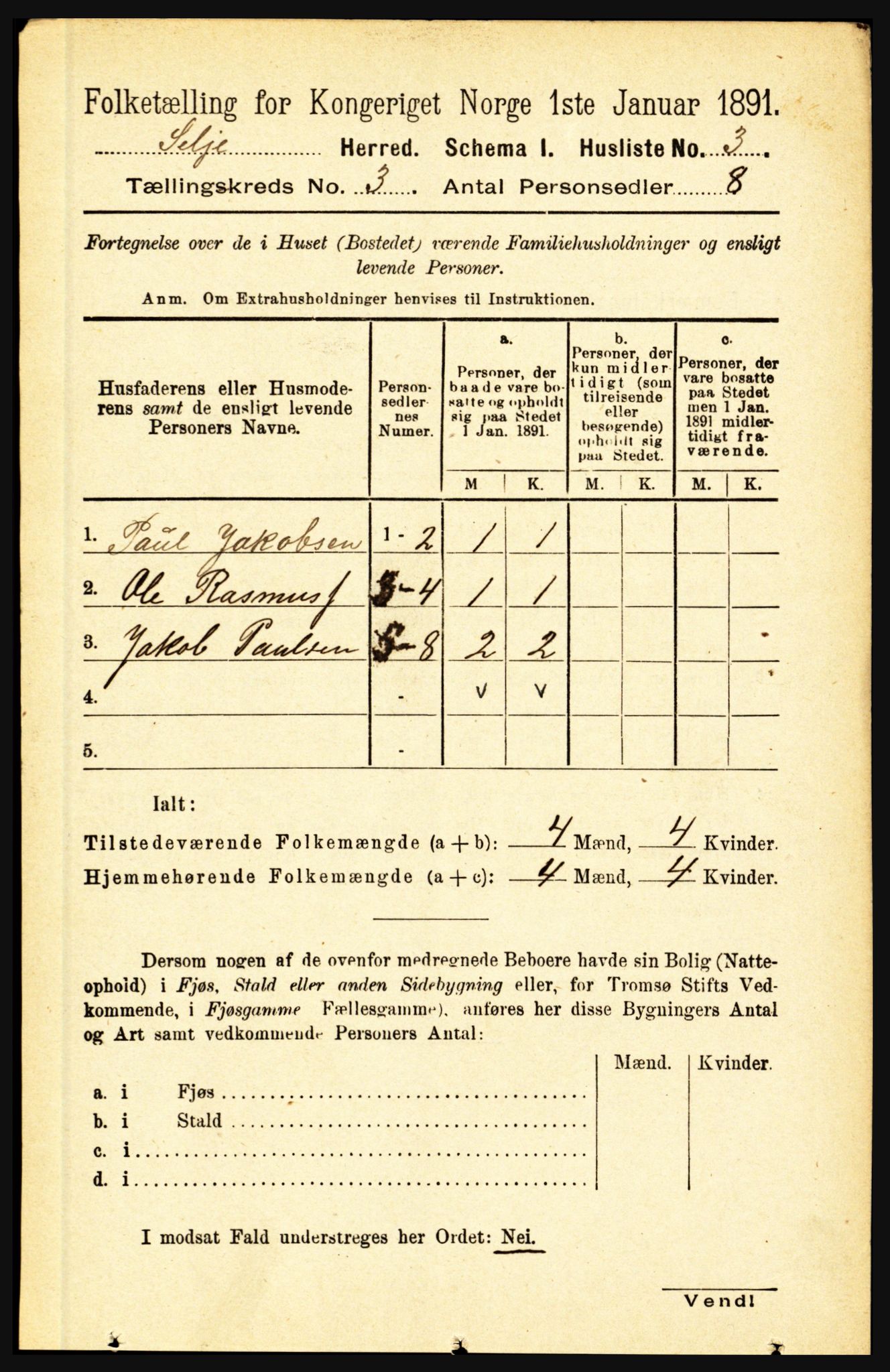 RA, 1891 census for 1441 Selje, 1891, p. 589