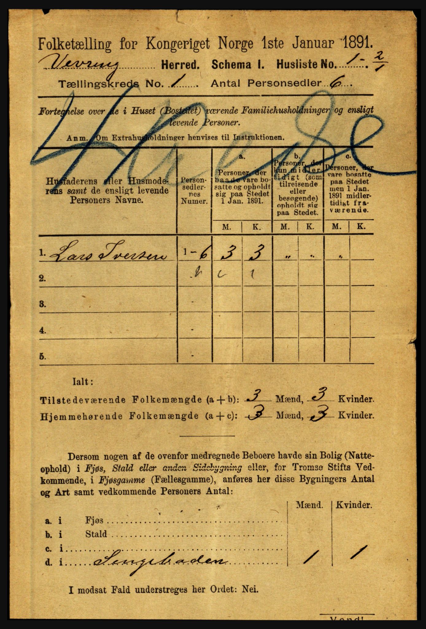 RA, 1891 census for 1434 Vevring, 1891, p. 14