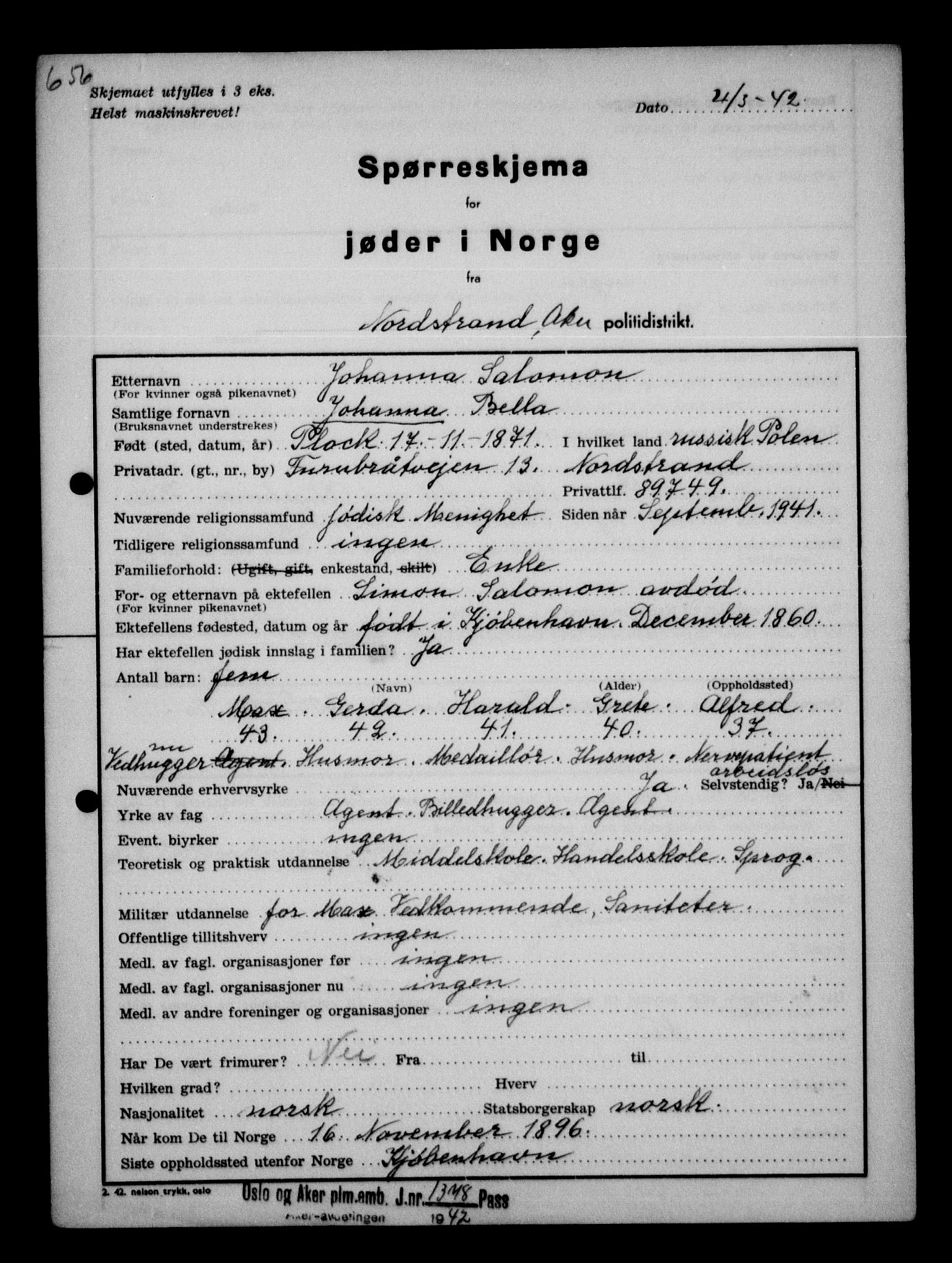 Statspolitiet - Hovedkontoret / Osloavdelingen, AV/RA-S-1329/G/Ga/L0012: Spørreskjema for jøder i Norge. 1: Aker 114- 207 (Levinson-Wozak) og 656 (Salomon). 2: Arendal-Hordaland. 3: Horten-Romerike.  , 1942, p. 153