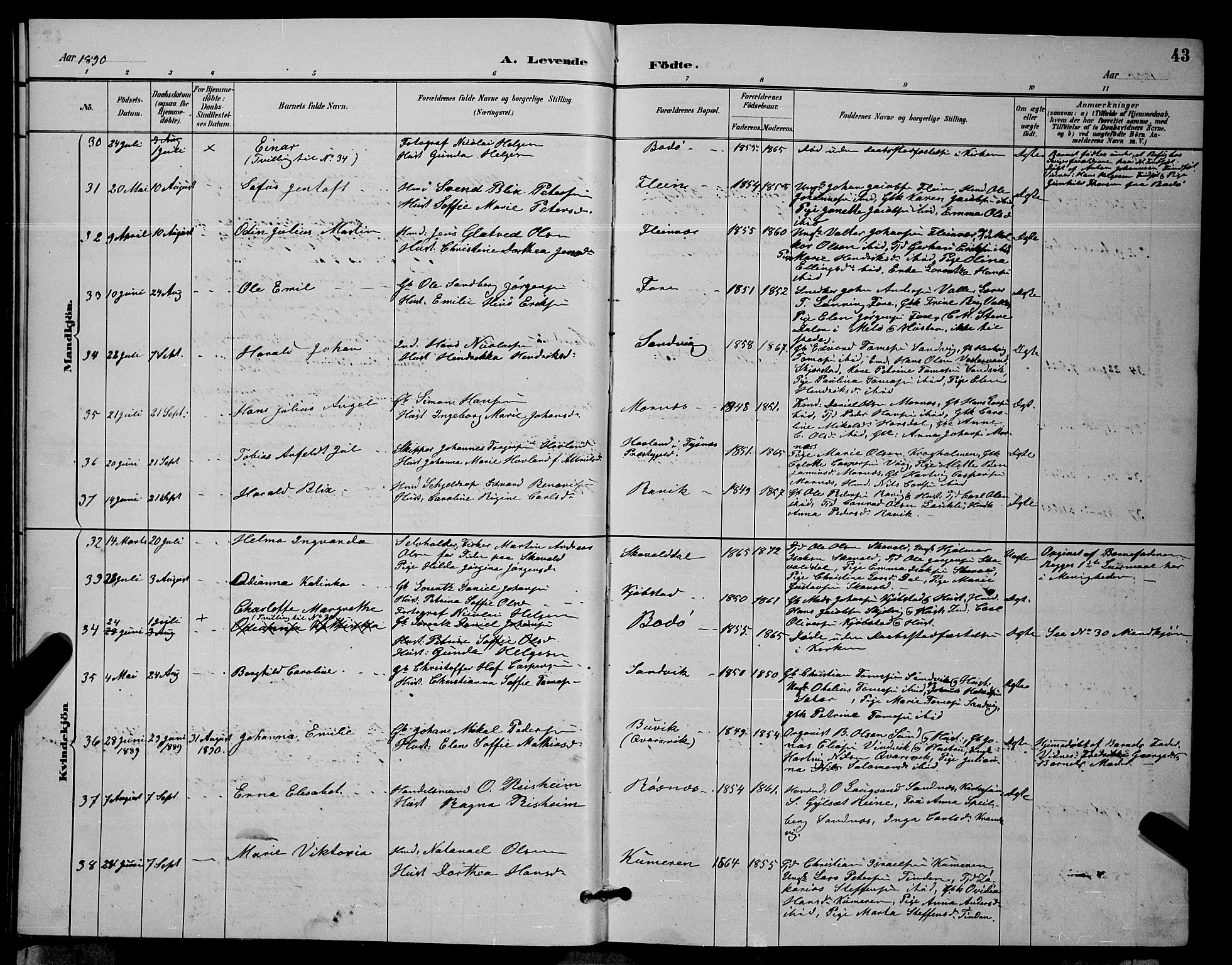 Ministerialprotokoller, klokkerbøker og fødselsregistre - Nordland, AV/SAT-A-1459/805/L0108: Parish register (copy) no. 805C04, 1885-1899, p. 43