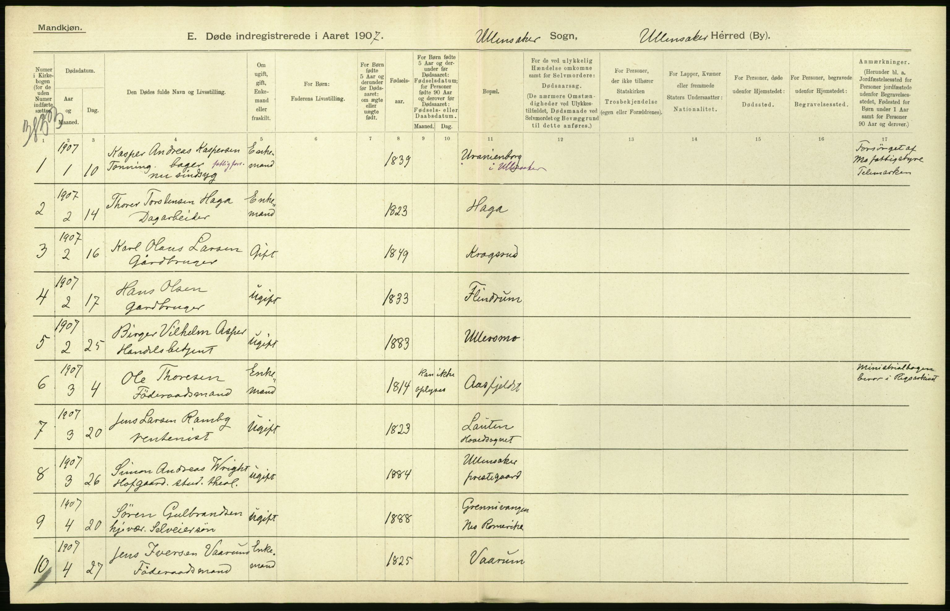 Statistisk sentralbyrå, Sosiodemografiske emner, Befolkning, AV/RA-S-2228/D/Df/Dfa/Dfae/L0005: Akershus amt: Gifte, døde. Bygder og byer., 1907, p. 198