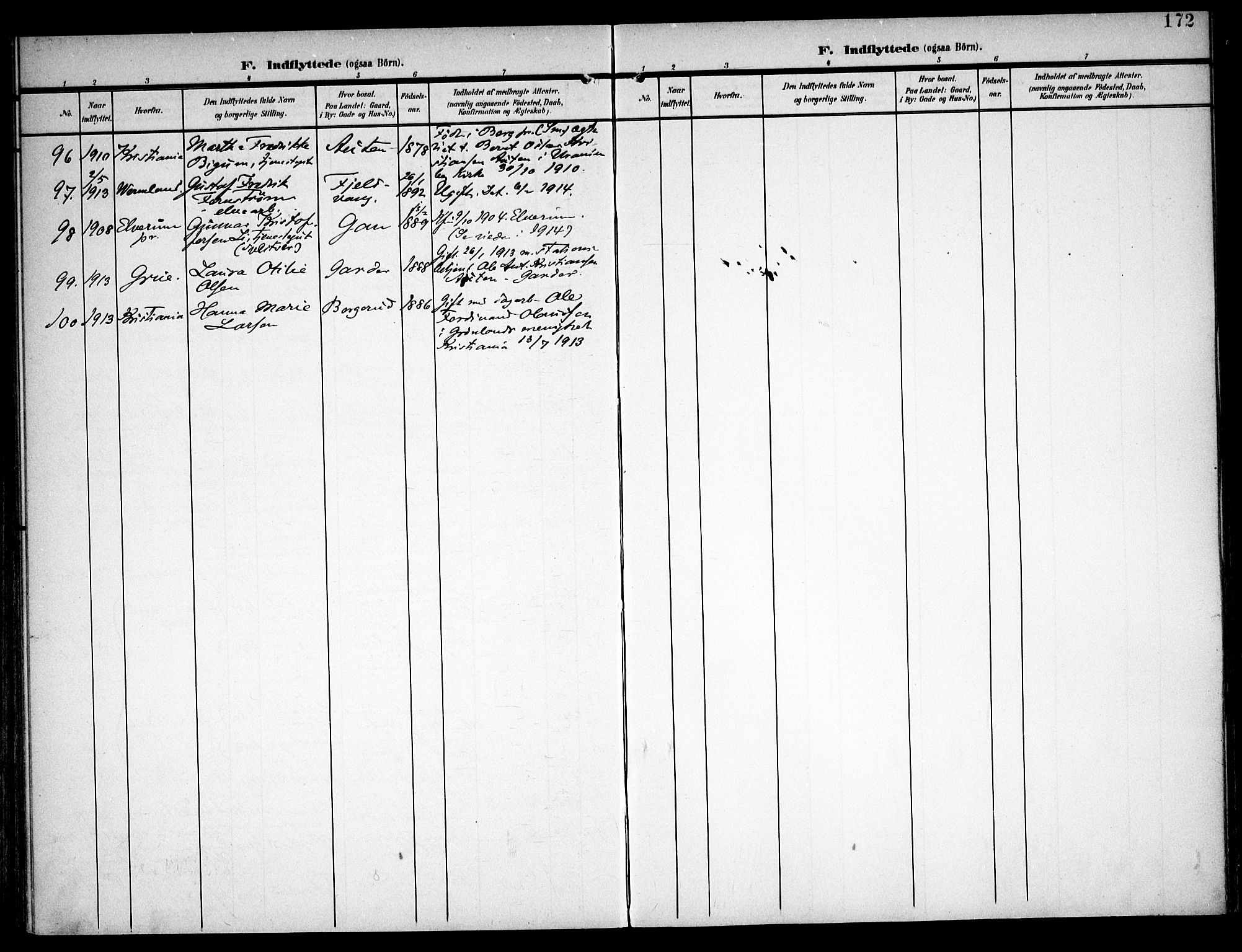 Fet prestekontor Kirkebøker, SAO/A-10370a/F/Fa/L0016: Parish register (official) no. I 16, 1905-1914, p. 172