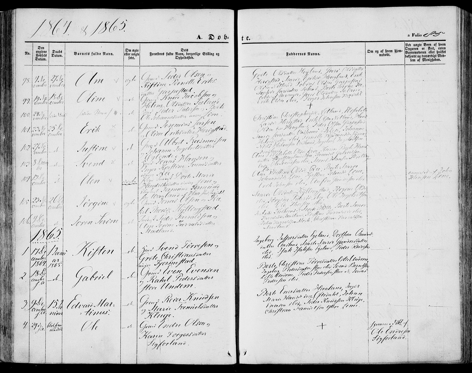 Lye sokneprestkontor, SAST/A-101794/001/30BA/L0007: Parish register (official) no. A 6, 1856-1871, p. 85