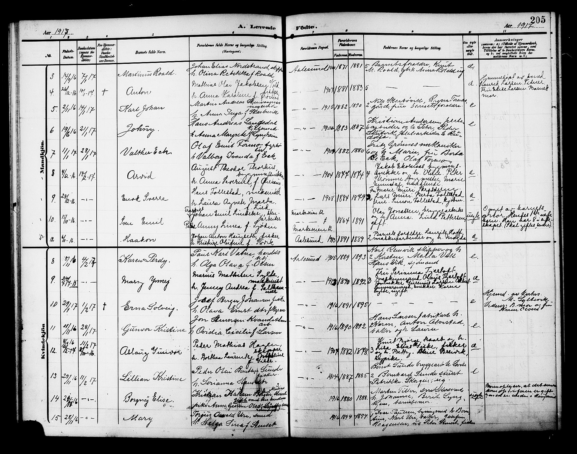 Ministerialprotokoller, klokkerbøker og fødselsregistre - Møre og Romsdal, AV/SAT-A-1454/529/L0471: Parish register (copy) no. 529C08, 1909-1921, p. 205