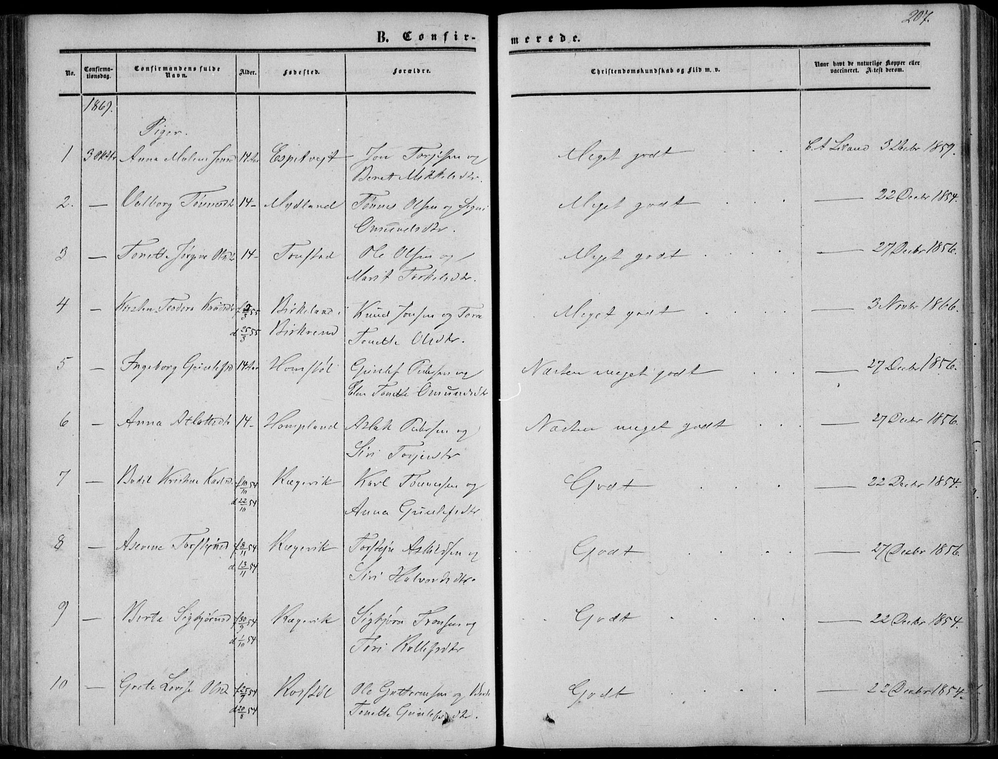 Sirdal sokneprestkontor, AV/SAK-1111-0036/F/Fa/Fab/L0002: Parish register (official) no. A 2, 1855-1874, p. 207