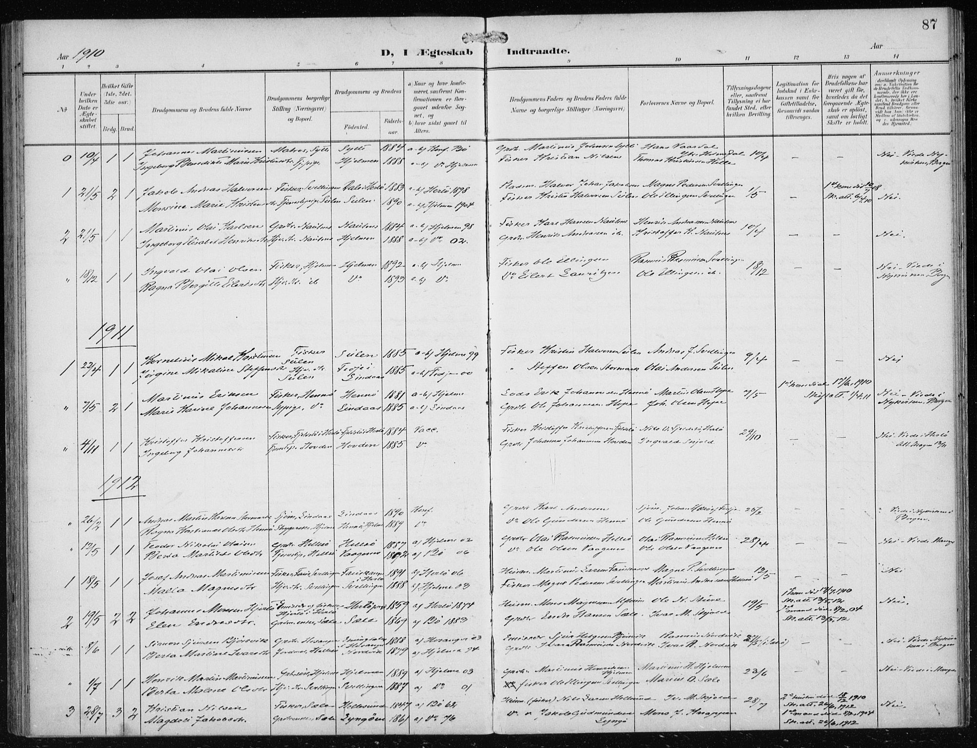 Herdla Sokneprestembete, AV/SAB-A-75701/H/Haa: Parish register (official) no. B 1, 1902-1921, p. 87