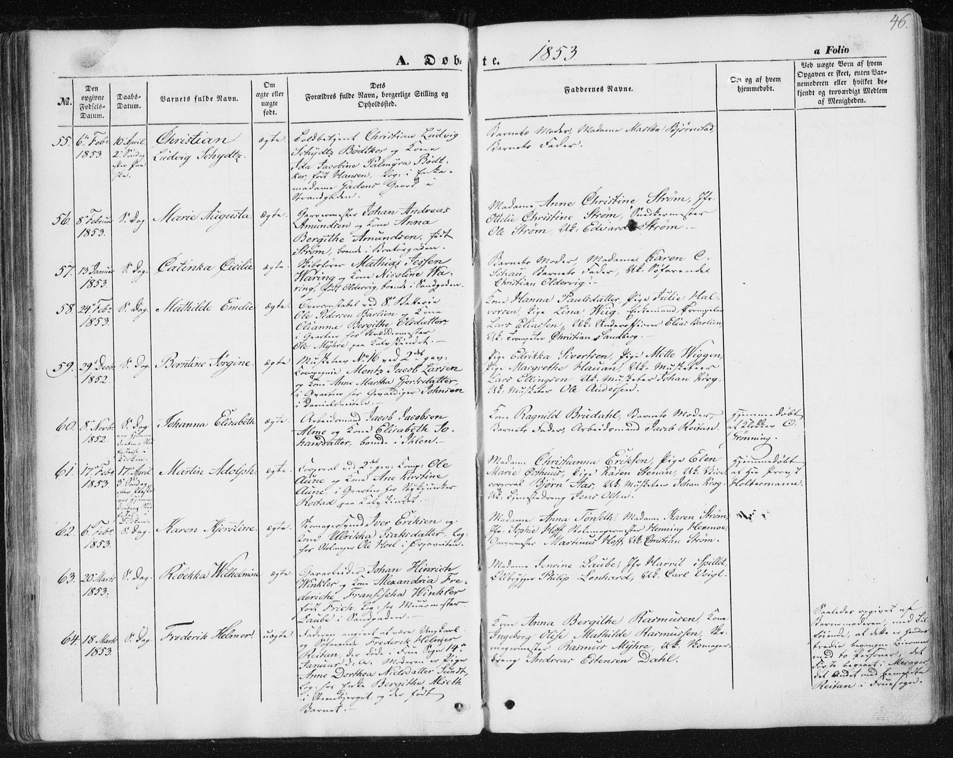 Ministerialprotokoller, klokkerbøker og fødselsregistre - Sør-Trøndelag, SAT/A-1456/602/L0112: Parish register (official) no. 602A10, 1848-1859, p. 46