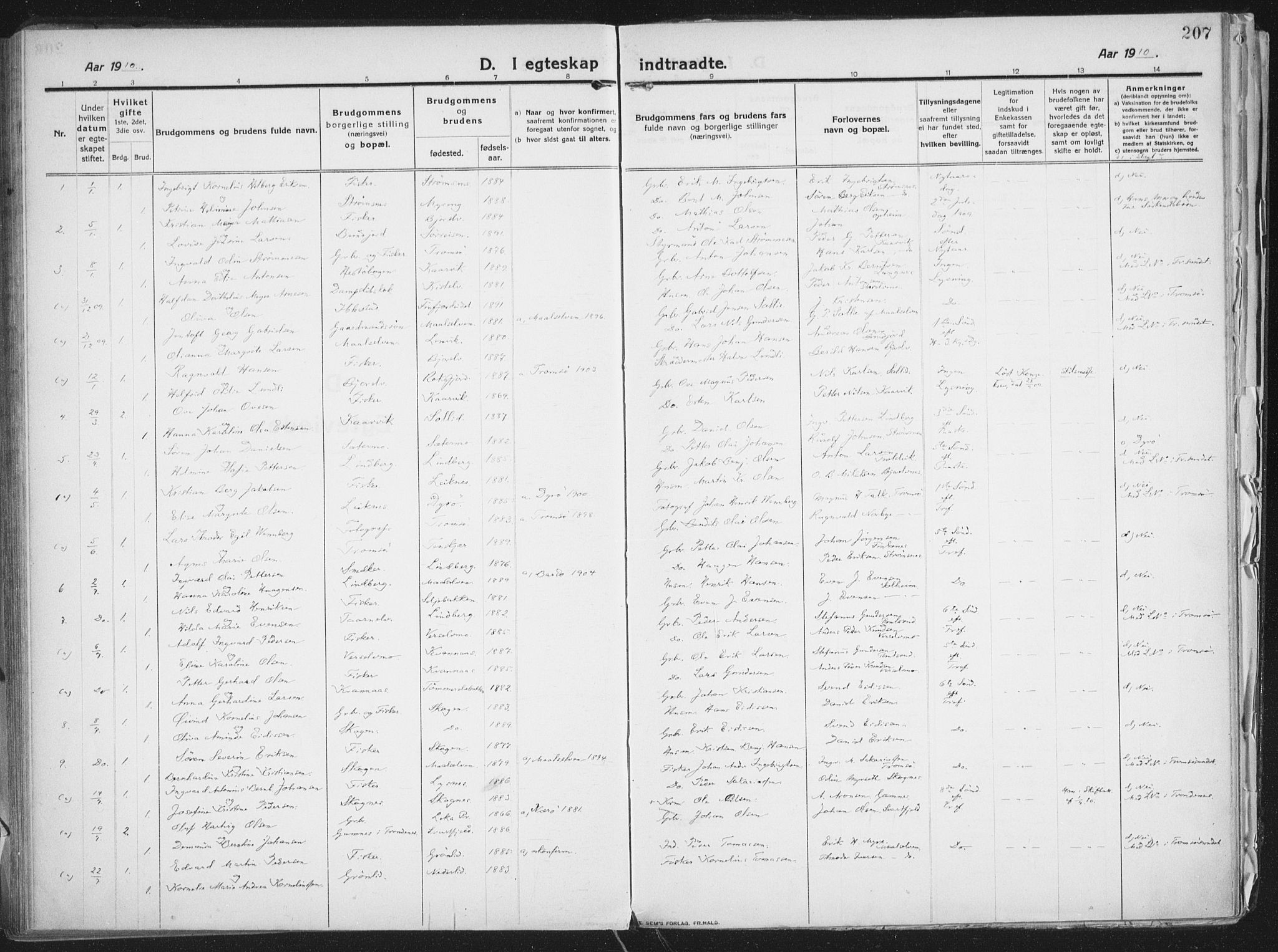 Lenvik sokneprestembete, SATØ/S-1310/H/Ha/Haa/L0016kirke: Parish register (official) no. 16, 1910-1924, p. 207