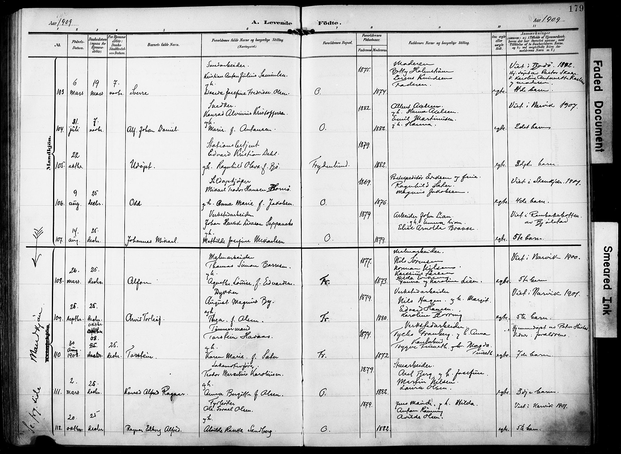 Ministerialprotokoller, klokkerbøker og fødselsregistre - Nordland, SAT/A-1459/871/L0994: Parish register (official) no. 871A10, 1902-1910, p. 179