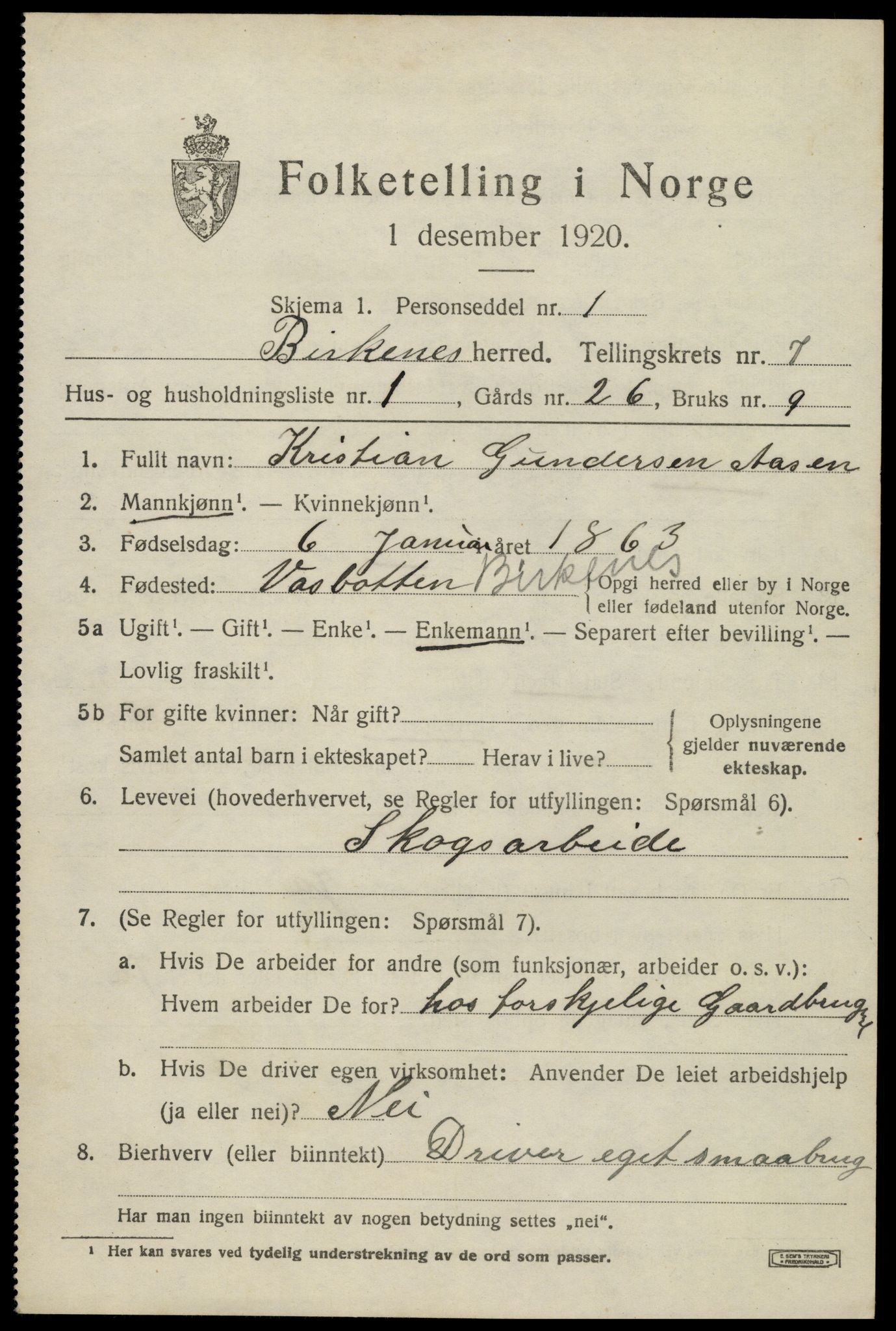 SAK, 1920 census for Birkenes, 1920, p. 4001