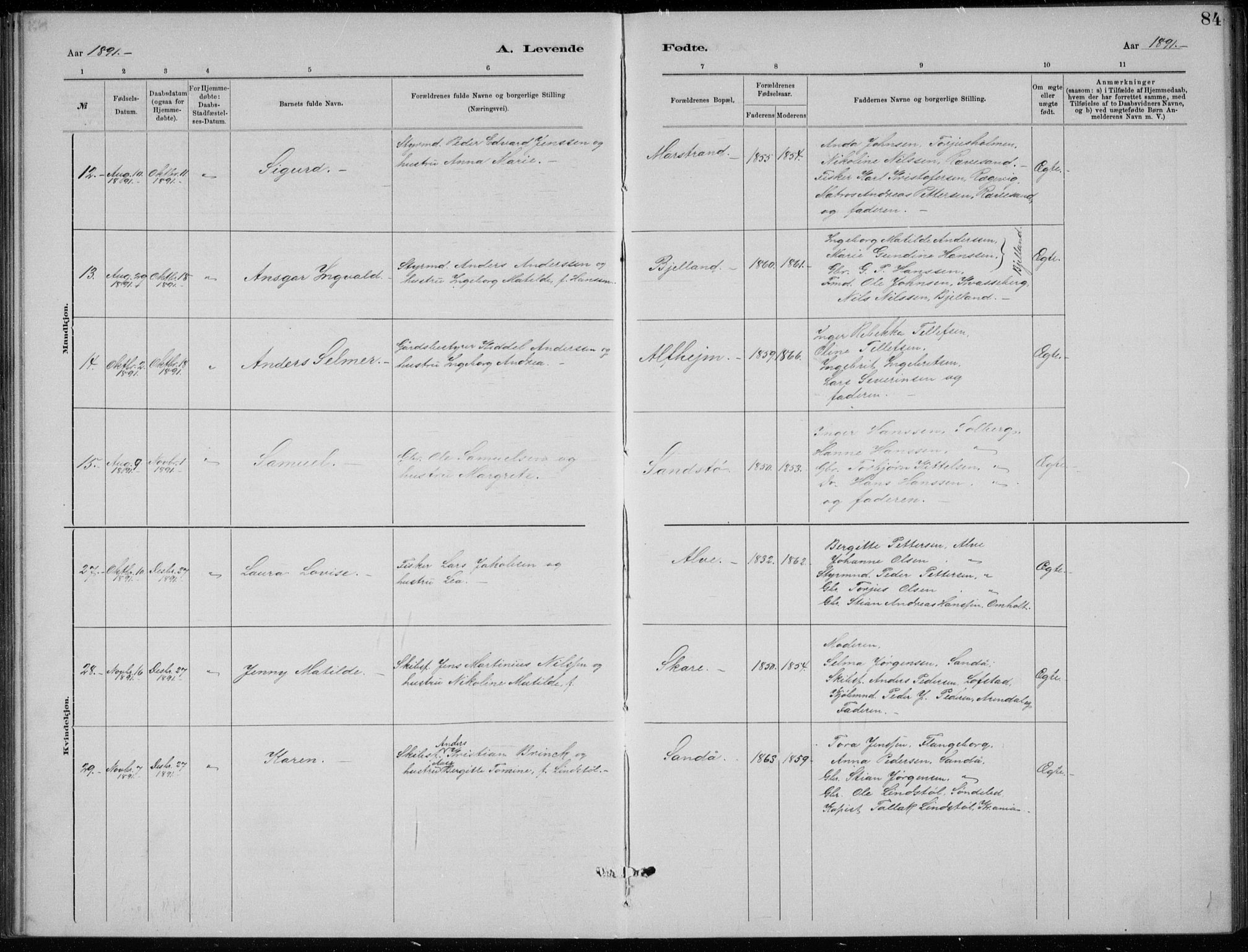 Tromøy sokneprestkontor, SAK/1111-0041/F/Fb/L0005: Parish register (copy) no. B 5, 1877-1891, p. 84