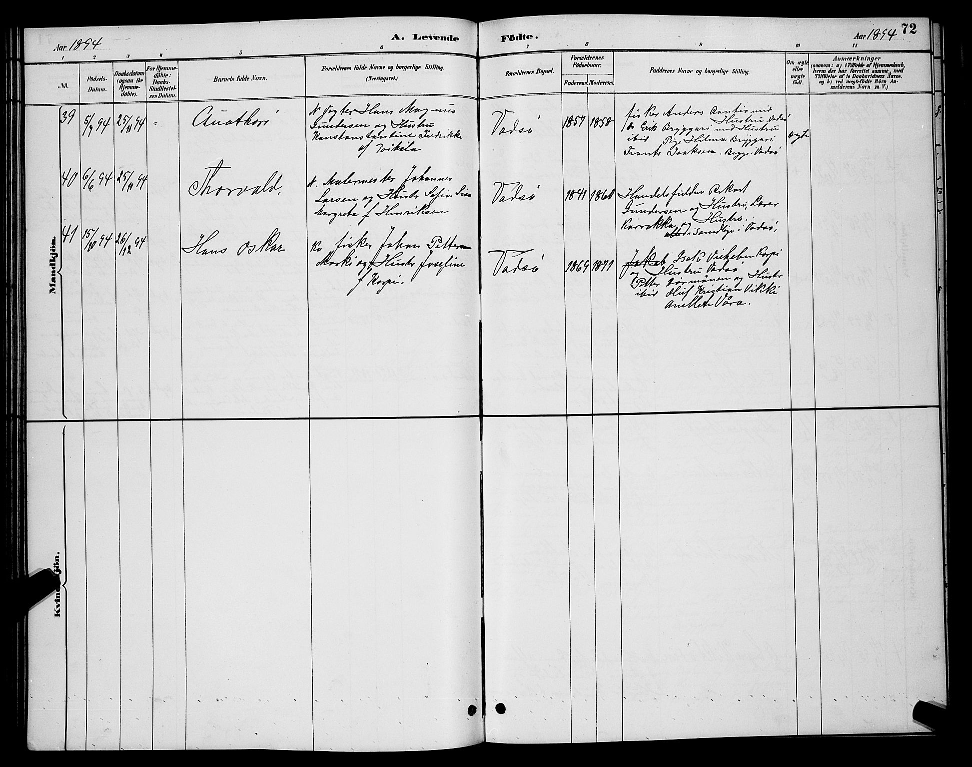 Vadsø sokneprestkontor, AV/SATØ-S-1325/H/Hb/L0004klokker: Parish register (copy) no. 4, 1885-1895, p. 72