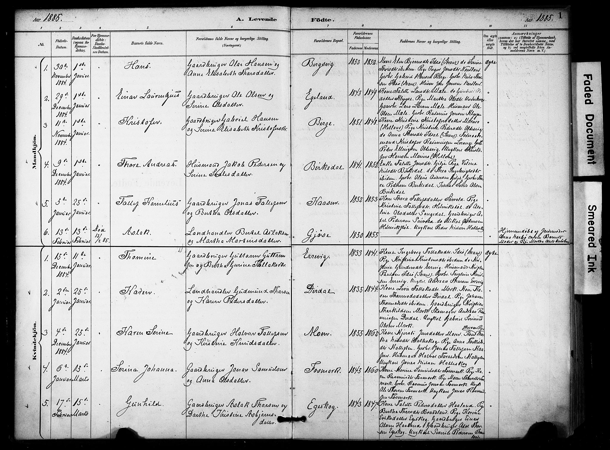 Høgsfjord sokneprestkontor, SAST/A-101624/H/Ha/Haa/L0006: Parish register (official) no. A 6, 1885-1897, p. 1