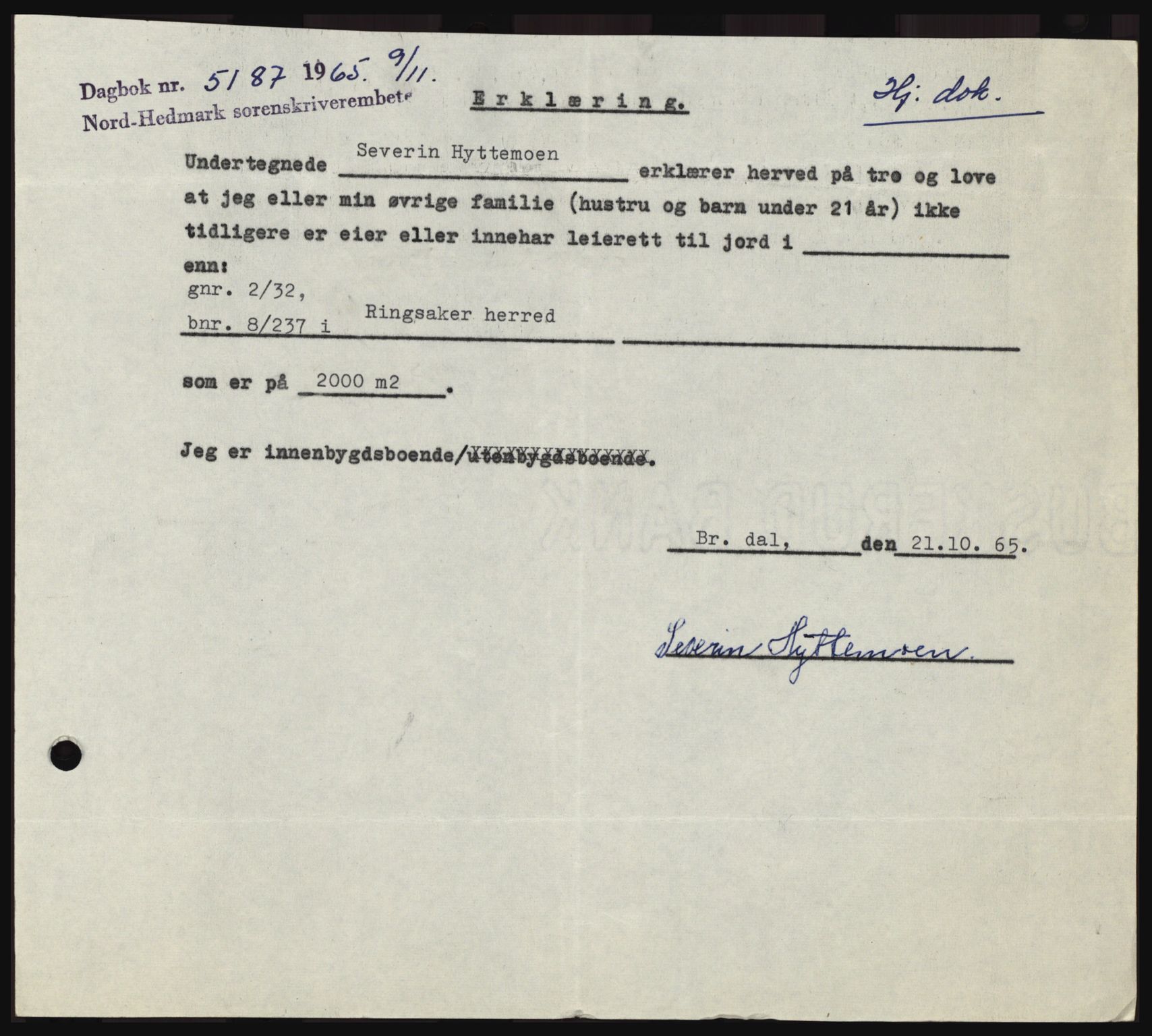 Nord-Hedmark sorenskriveri, SAH/TING-012/H/Hc/L0022: Mortgage book no. 22, 1965-1965, Diary no: : 5187/1965