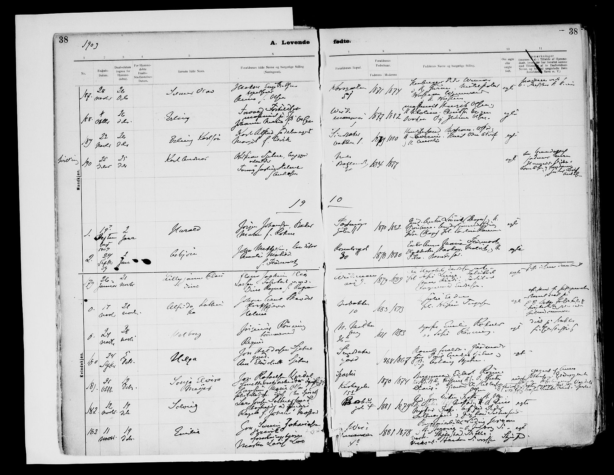 Ministerialprotokoller, klokkerbøker og fødselsregistre - Sør-Trøndelag, SAT/A-1456/604/L0203: Parish register (official) no. 604A23, 1908-1916, p. 38