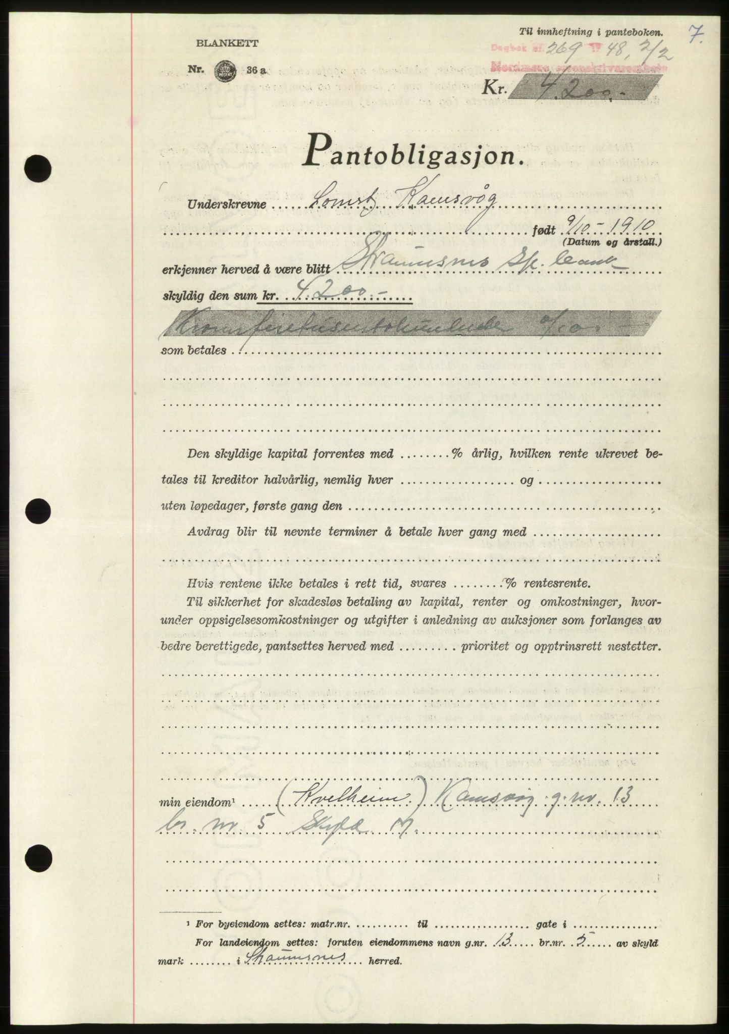 Nordmøre sorenskriveri, AV/SAT-A-4132/1/2/2Ca: Mortgage book no. B98, 1948-1948, Diary no: : 269/1948