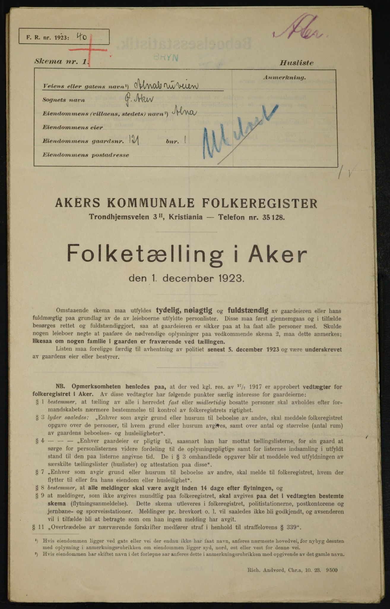 , Municipal Census 1923 for Aker, 1923, p. 22484